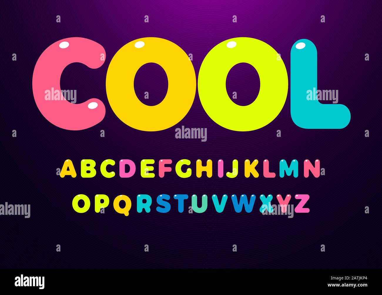 Helle, coole Buchstaben. Auffälliges, abgerundetes Hochglanzalphabet im Kinderstil Schriftart für Veranstaltungen, Werbeaktionen, Logos, Banner, Monogramm und Poster. Vektor Stock Vektor