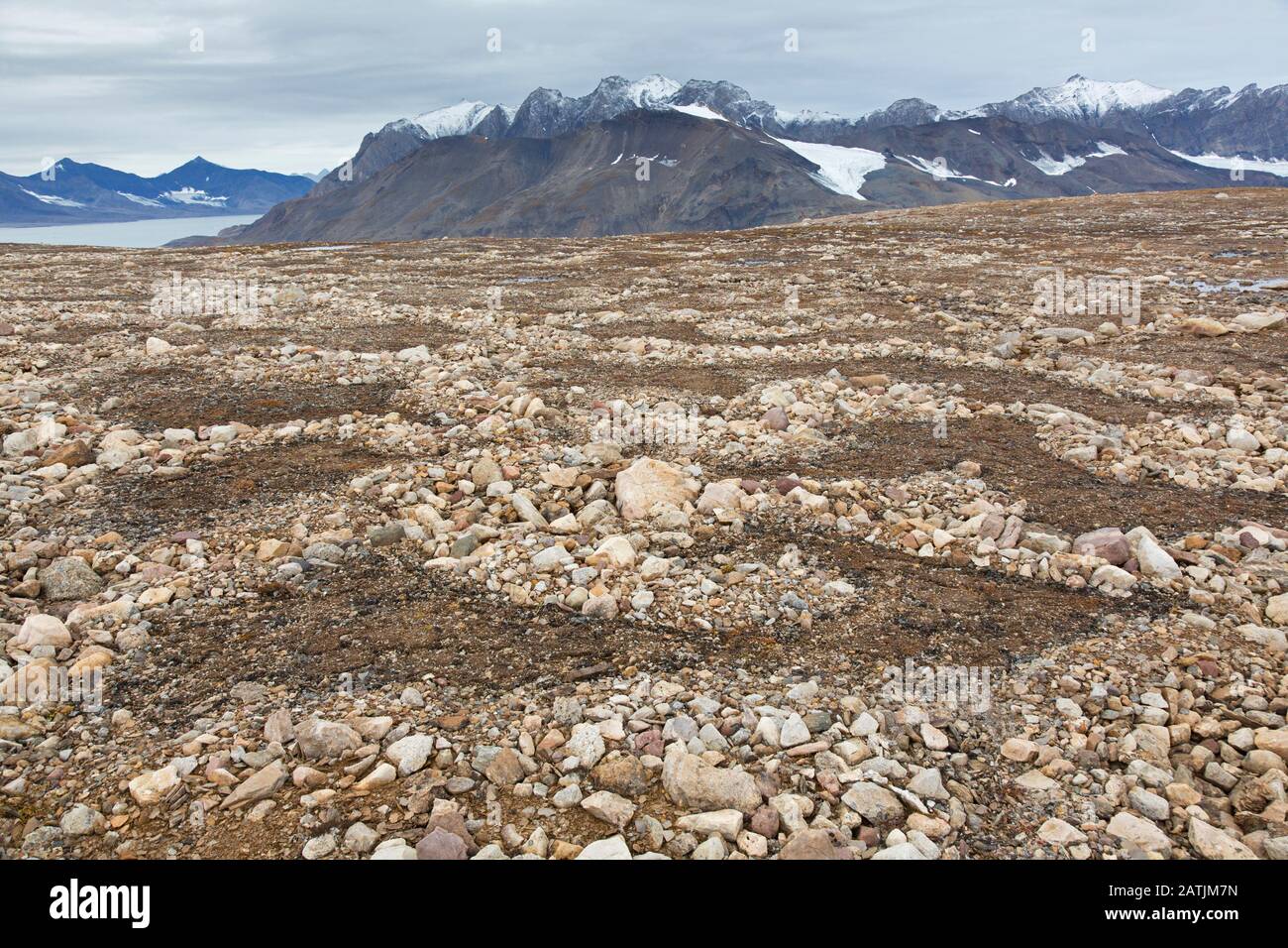 Teilweise geschmolzen und eingestürzte Lithalsien - schwere, in Permafrost gefundene Hügel - hinterließen kreisähnliche Strukturen auf der Tundra, dem Svalbard-Archipel, Norwegen Stockfoto