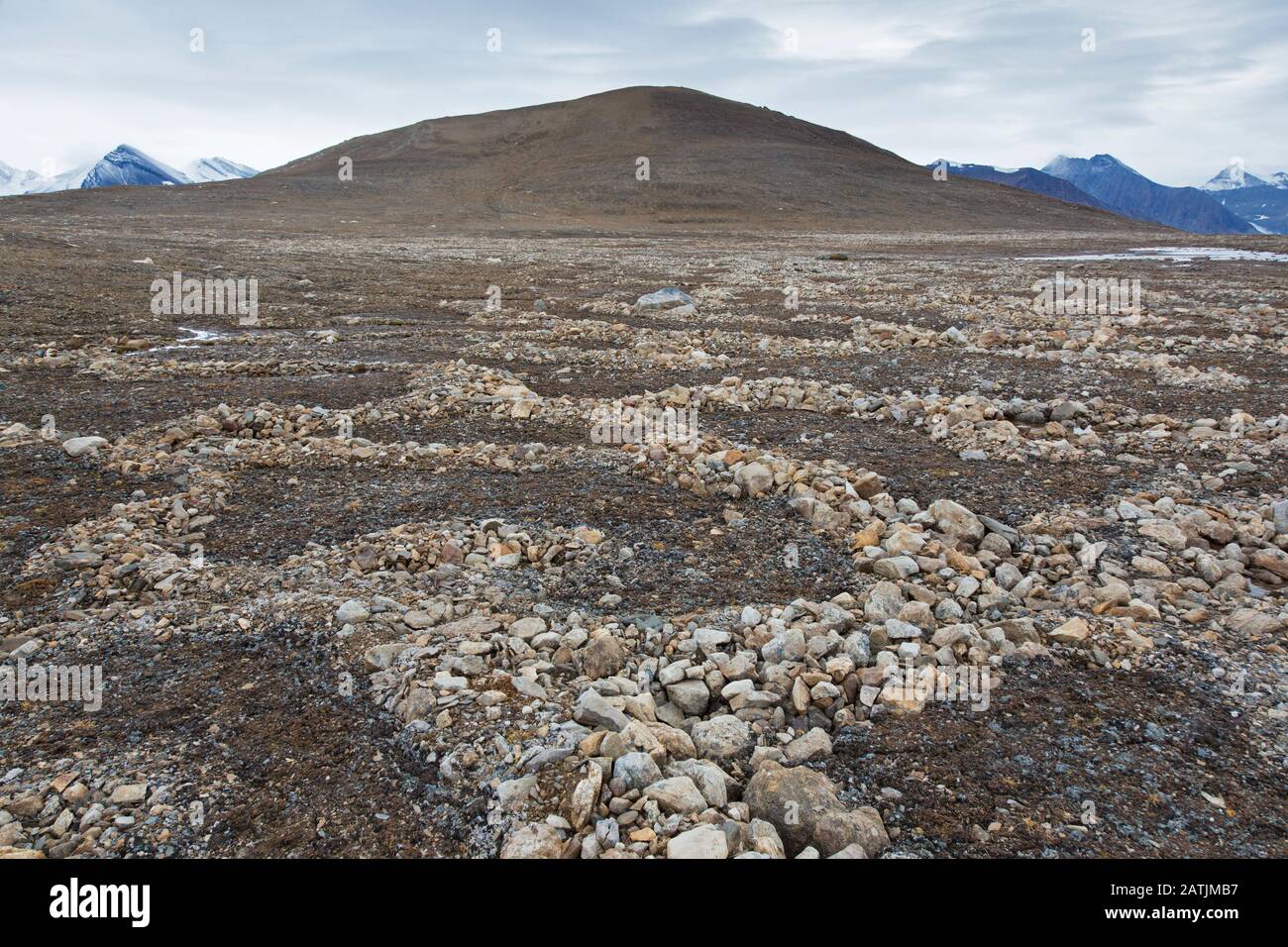 Teilweise geschmolzen und eingestürzte Lithalsien - schwere, in Permafrost gefundene Hügel - hinterließen kreisähnliche Strukturen auf der Tundra, dem Svalbard-Archipel, Norwegen Stockfoto