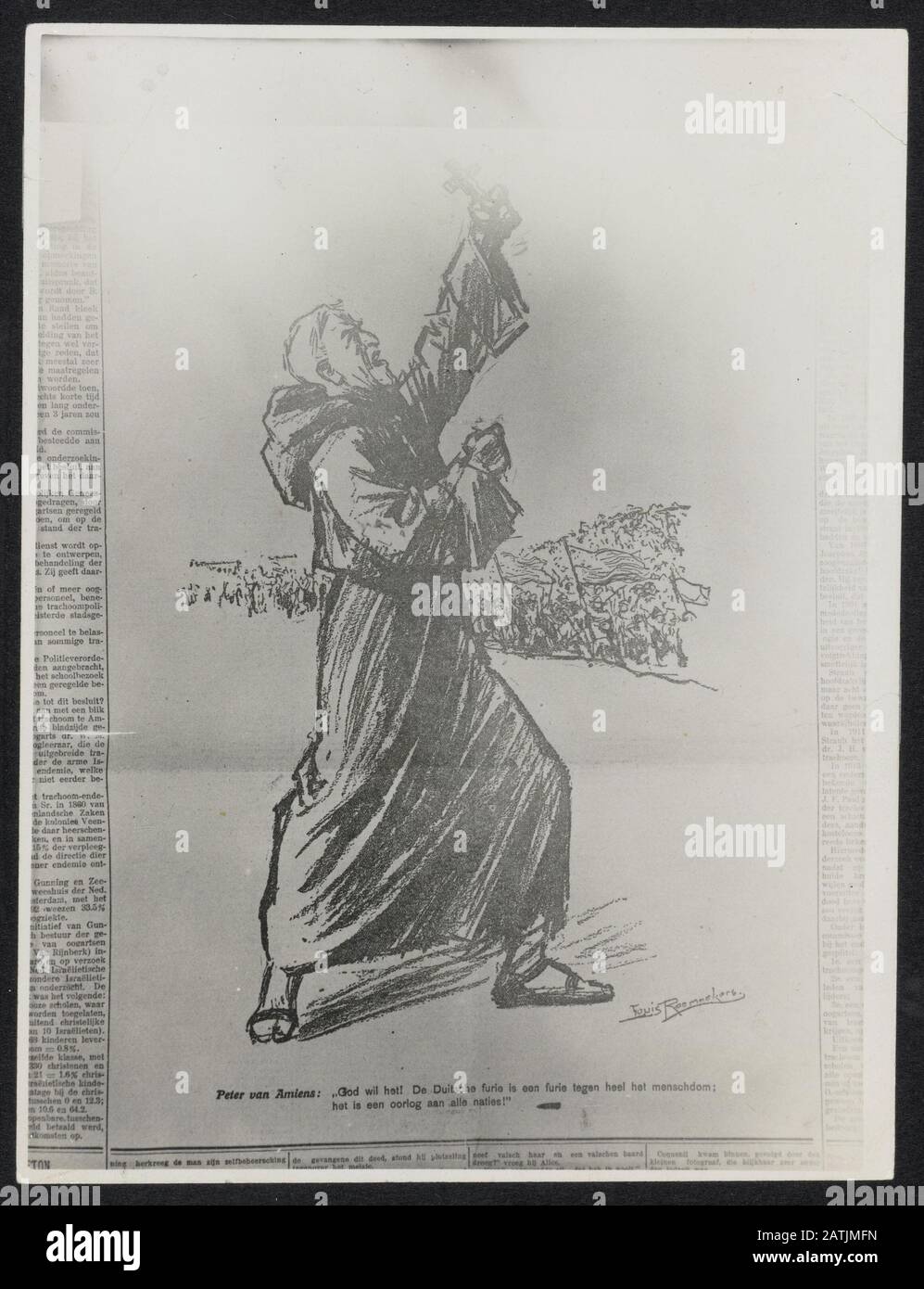 Beschreibung: Cartoon Louis Raemaekers. Peter Amiens: Gott will! Die deutsche Wut ist wütend gegen die Menschheit; es ist ein Krieg gegen alle Nationen! Anmerkung: Kopie von Dagblad De Telegraaf Datum: {1914-1918} Schlüsselwörter: WWI, Cartoons Personenname: Peter von Amiens, Raemaekers Louis Stockfoto