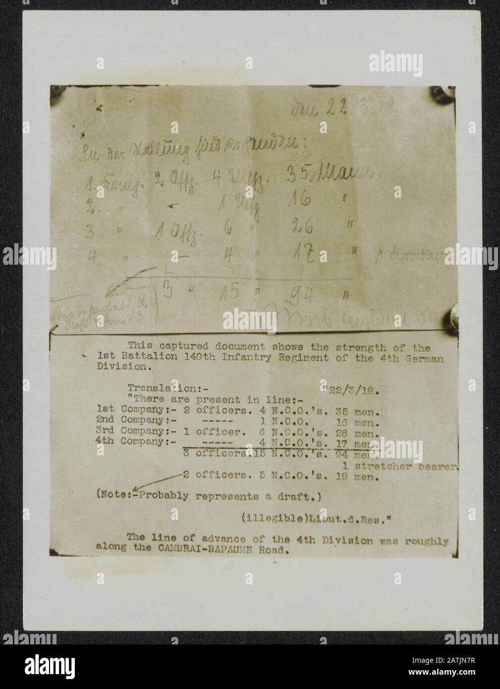 Die britische Westfront in Frankreich Beschreibung: Die deutsche Offensive. Ein gefangenes deutsches Dokument. Dieses Dokument zeigt die Stärke des 1. Bataillon 140th Infanterieregiments der 4. Division Deutsch. Die Vormarsch der 4th Division verlief ungefähr entlang der Cambrai-Bapaume Road Annotation: British Western Front in Frankreich. Die deutsche Offensive. Ein gefangenes deutsches Dokument. Dieses Dokument zeigt die Stärke des 1. Bataillon 140th Infanterieregiments der 4. Deutschen Division. Am 03.22.1918 waren anwesend: 1. Compagnie: 2 Offiziere/Unteroffizier 4/35 Mann 2. Komp. 0/1/16 3 Bzw. 1/6/26 4e BZW. Stockfoto