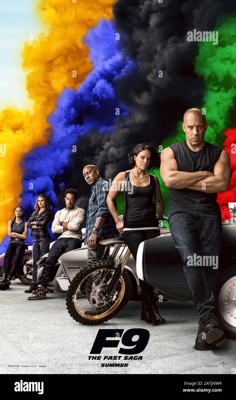 Fast & Furious 9 (2020) unter der Regie von Justin Lin und mit Charlize Theron, Vin Diesel, Amber Siena, Michelle Rodriguez, John Cena und Jordana Brewster in den Hauptrollen. Dominic Toretto steht einem Attentäter gegenüber, der mit Cipher arbeitet. Stockfoto