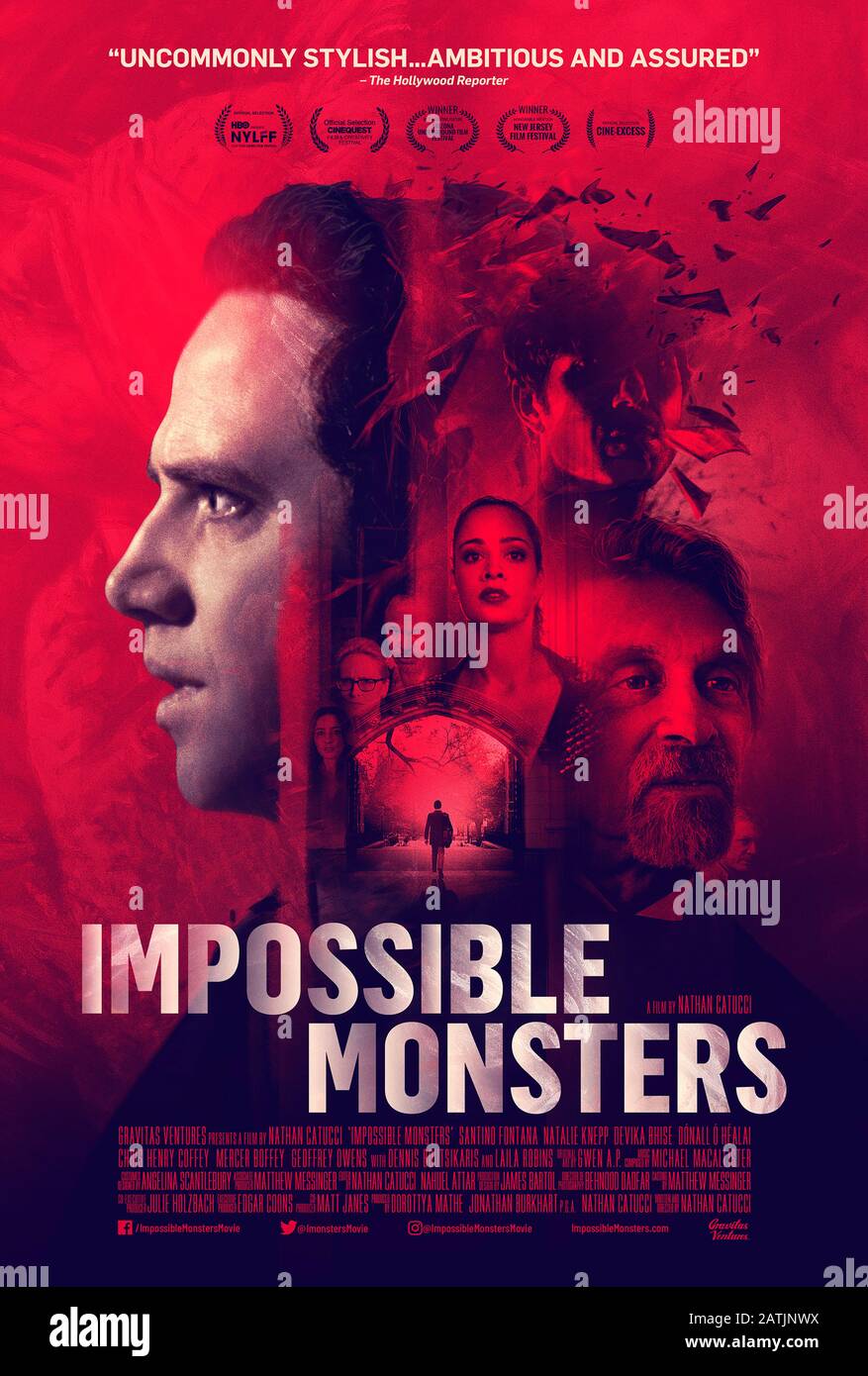 Impossible Monsters (2019) unter der Regie von Nathan Catucci und mit Santino Fontana, Laila Robins und Dennis Boutsikaris in den Hauptrollen. Wenn jemand stirbt, der an einem Schlafexperiment teilnimmt, versucht der Psychologieprofessor, es zu betreiben, es auf Kurs zu halten. Stockfoto
