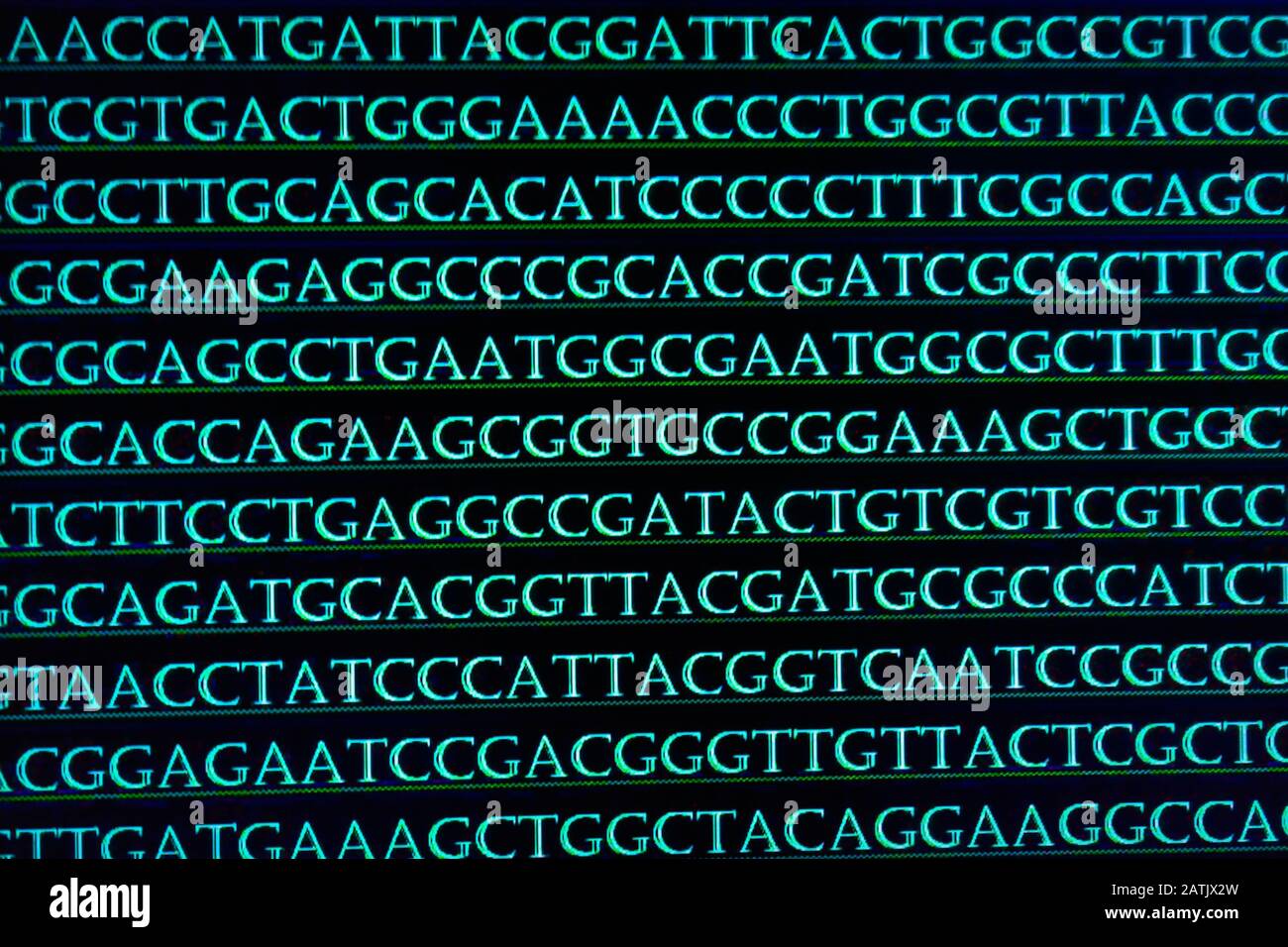 Abstrakter Hintergrund, genetischen Code. Sequenz von Nukleotidbasen in einem DNA-Fragment. Stockfoto