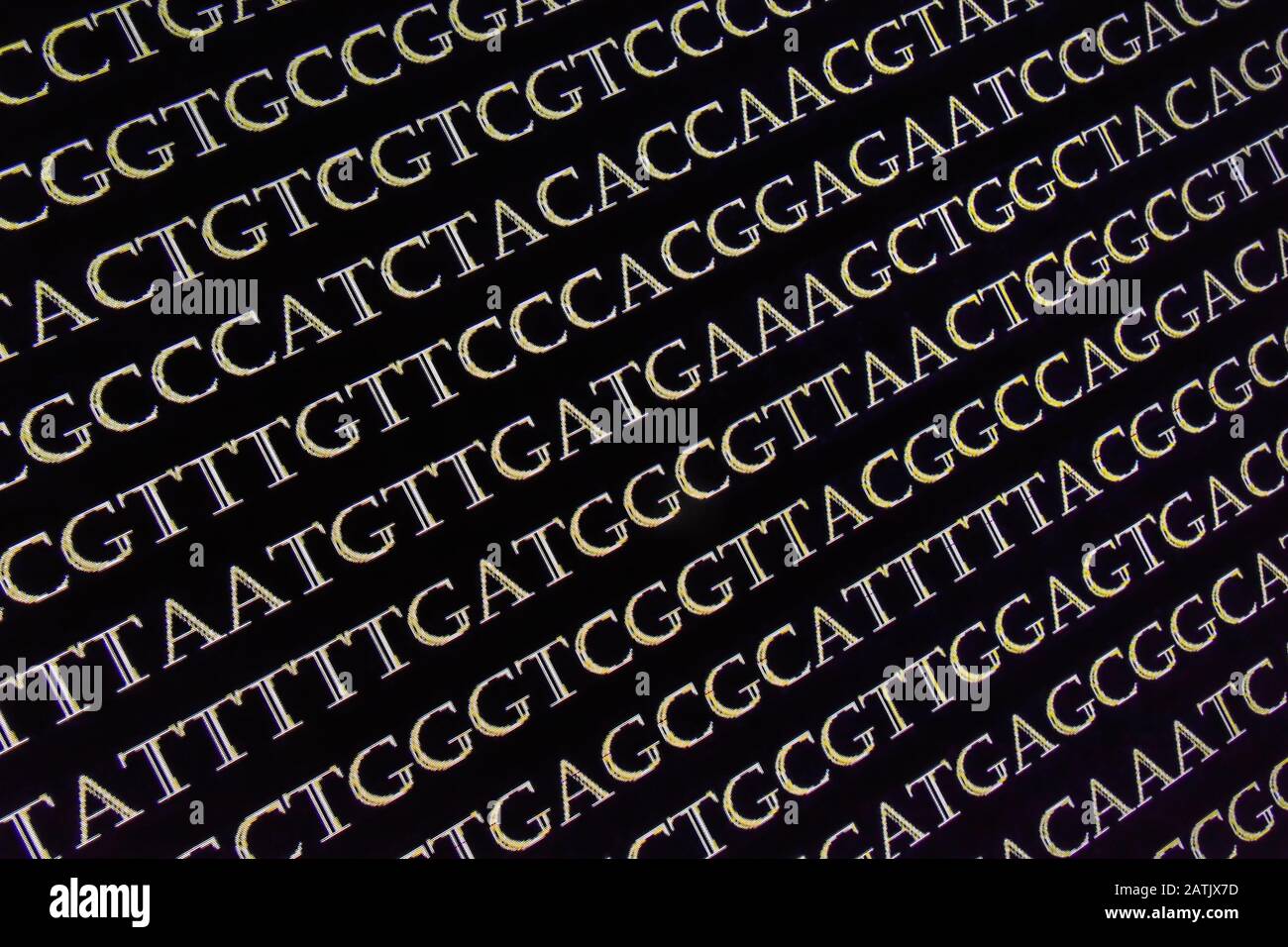 Abstrakter Hintergrund, genetischen Code. Sequenz von Nukleotidbasen in einem DNA-Fragment. Stockfoto