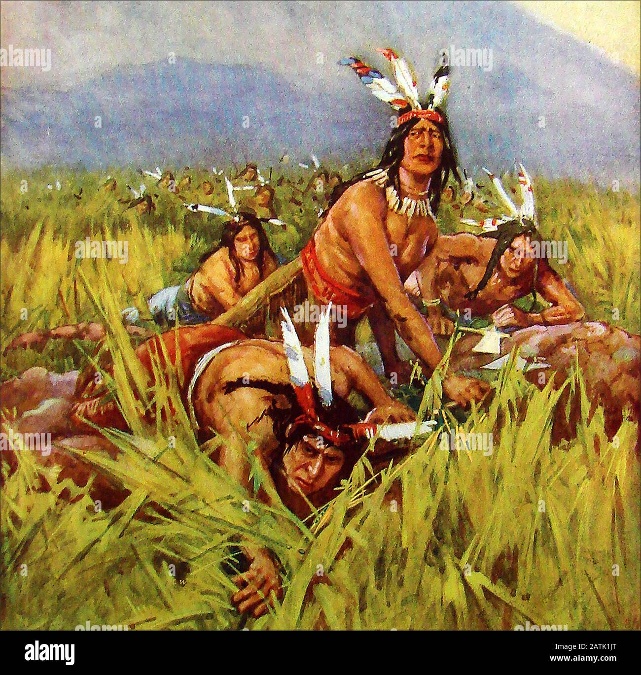 Ein Vintage-Farbdruck, der einheimische amerikanische "Red indians" vor den europäischen Siedlern zeigt. Eine vorausschauende kleine Gruppe bewegt sich vorwärts, während sich die übrigen Krieger dahinter verstecken Stockfoto