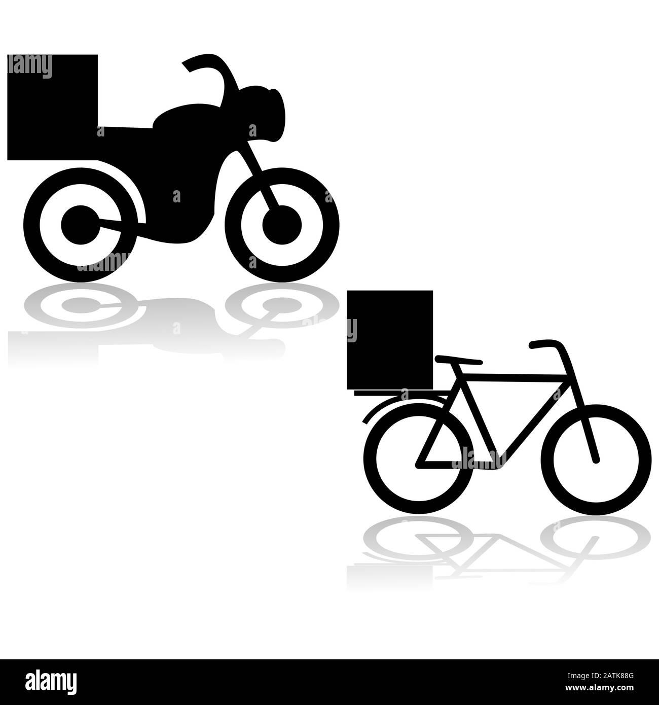 Symbole, die ein Motorrad und ein Fahrrad zeigen, das für die Lebensmittelzustellung verwendet wird Stock Vektor