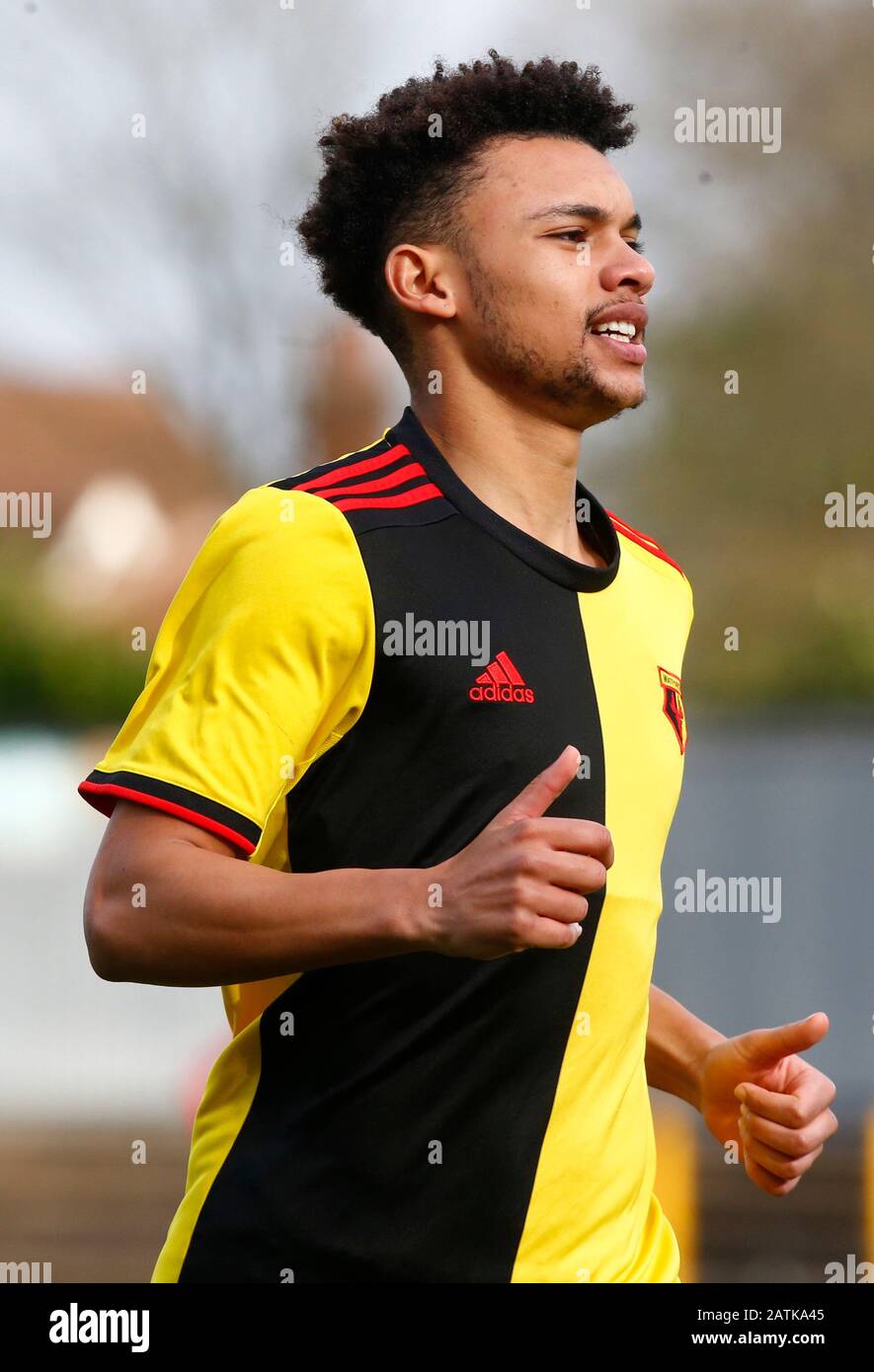 St. Albans, Großbritannien. Februar 2020. St. ALBANS, ENGLAND - 3. FEBRUAR: Cameron Green aus Watford Unter 23 während der Professional Development League zwischen Watford Unter 23s und Charlton Athletic Unter 23s am 03. Januar 2020 im Clarence Park Stadium, St.Albans, England. Credit: Action Foto Sport/Alamy Live News Stockfoto