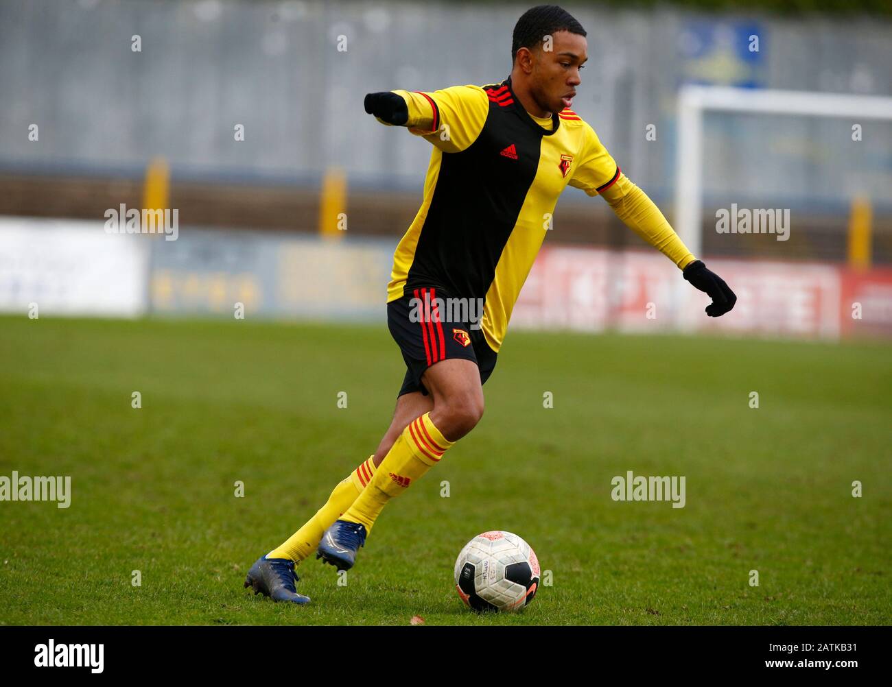 St. Albans, Großbritannien. Februar 2020. St. ALBANS, ENGLAND - 3. FEBRUAR: Kane Crichlow aus Watford Unter 23 während der Professional Development League zwischen Watford Unter 23s und Charlton Athletic Unter 23s am 03. Januar 2020 im Clarence Park Stadium, St.Albans, England. Credit: Action Foto Sport/Alamy Live News Stockfoto