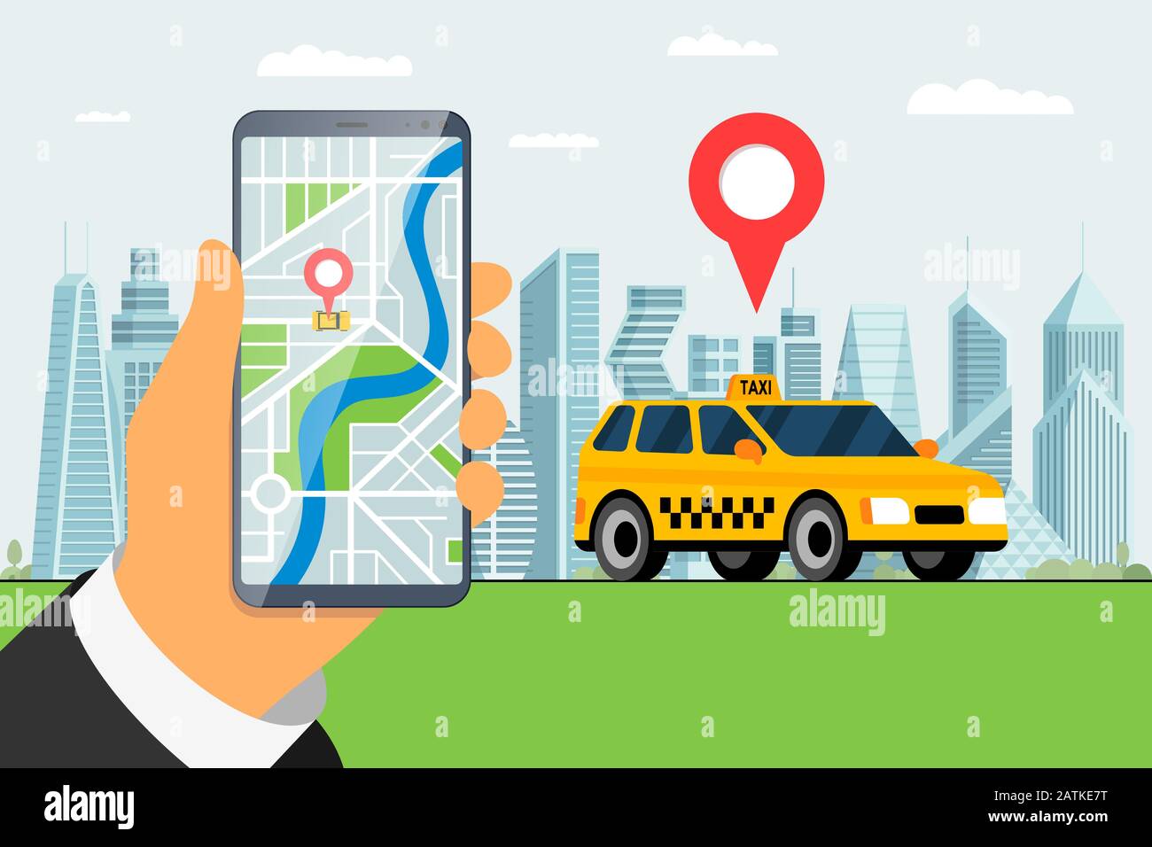 Taxi bestellen Service App Konzept. Hand hält Smartphone mit Geotag gps Position PIN Ankunft Adresse auf Stadtplan und moderne gelbe Kabine. Online erhalten taxicab Anwendung flach eps Vektor Illustration Stock Vektor