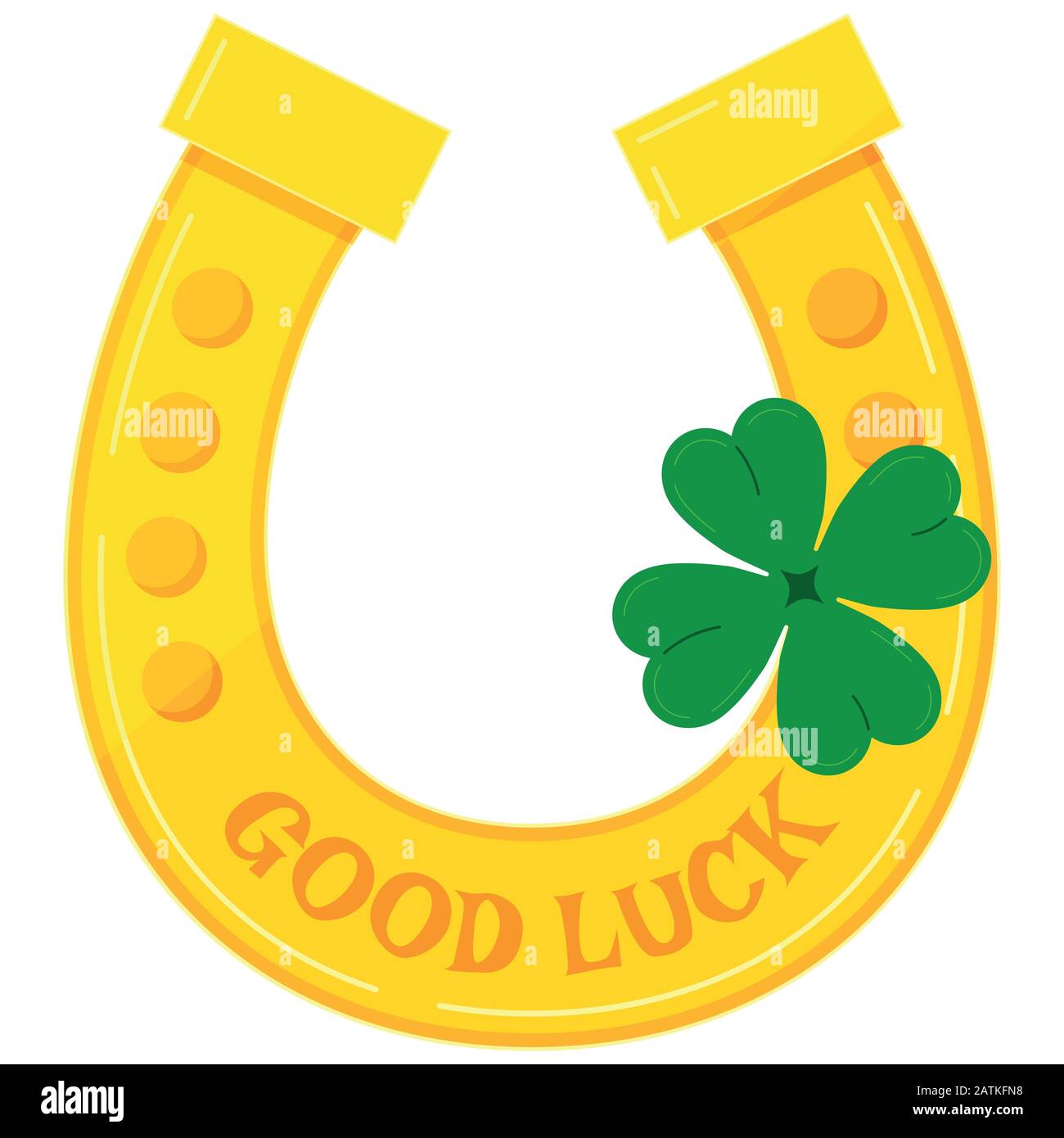 Goldenes Hufeisen mit grünem Kleeblattsymbol - glückliches irisches keltisches und Casinosymbol isoliert auf weißem Hintergrund. Stock Vektor