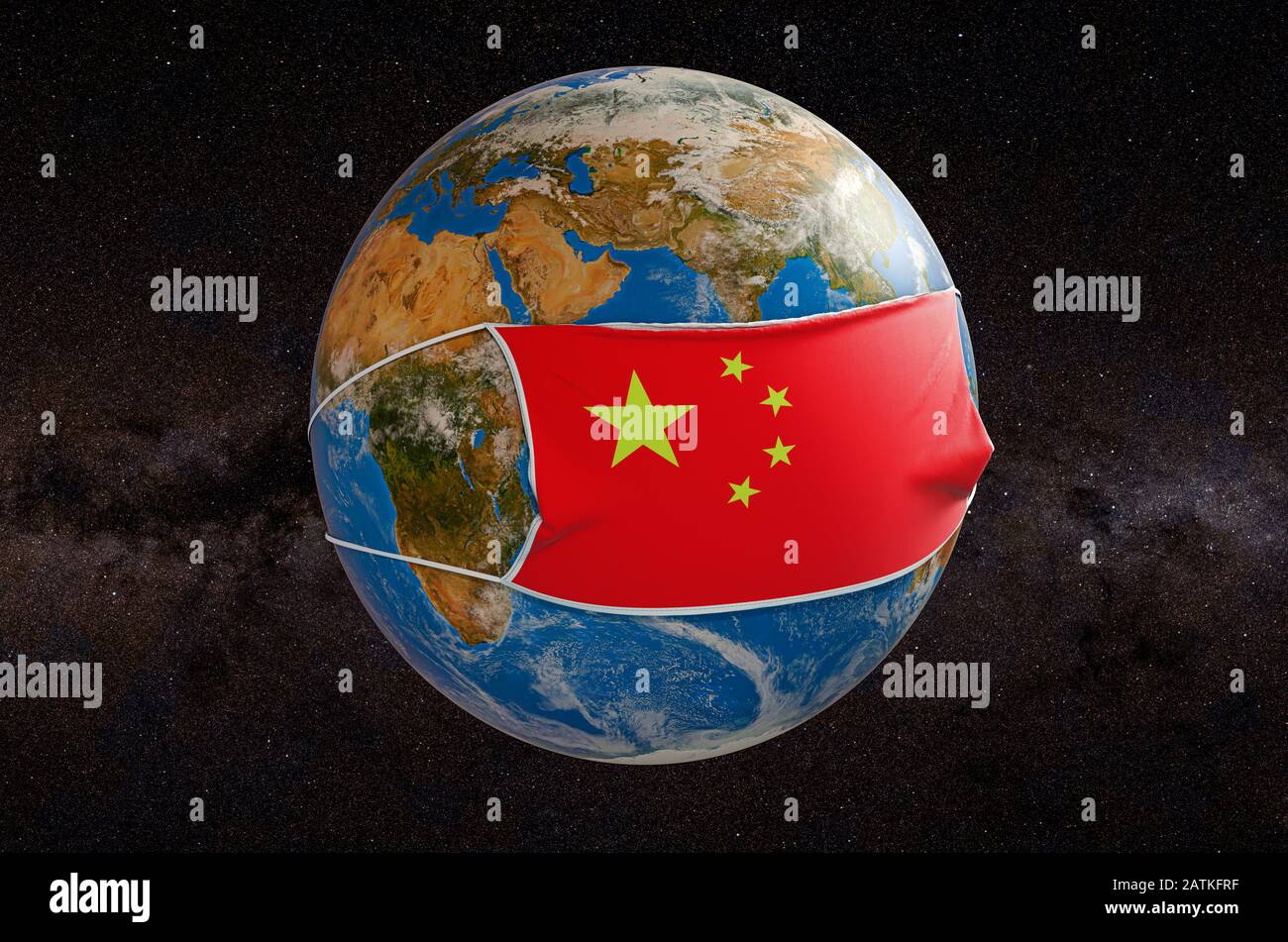 Globale Epidemie des chinesischen Coronavirus Konzepts. Earth Globe in einer medizinischen Maske mit Flagge Chinas im All. 3D-Rendering Stockfoto