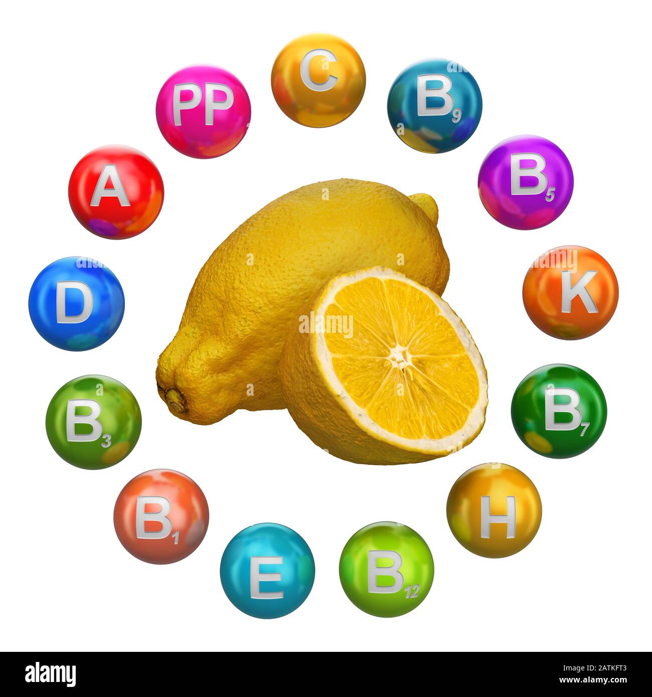 Vitamine in Zitrone, 3D-Rendering isoliert auf weißem Hintergrund Stockfoto