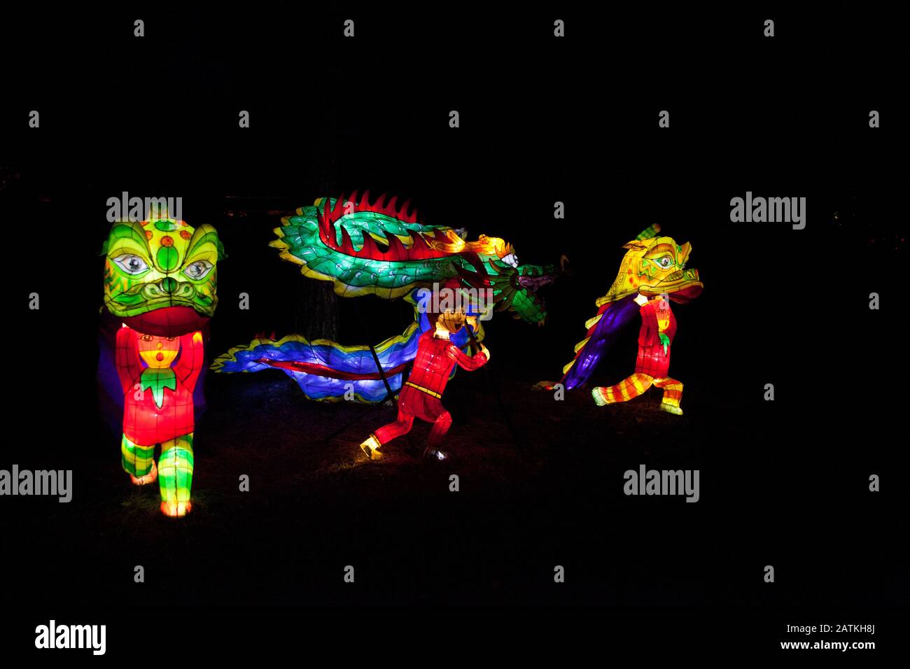 Lichtskulptur des Drachen in der Show Gardens of Light, Botanischer Garten Stockfoto
