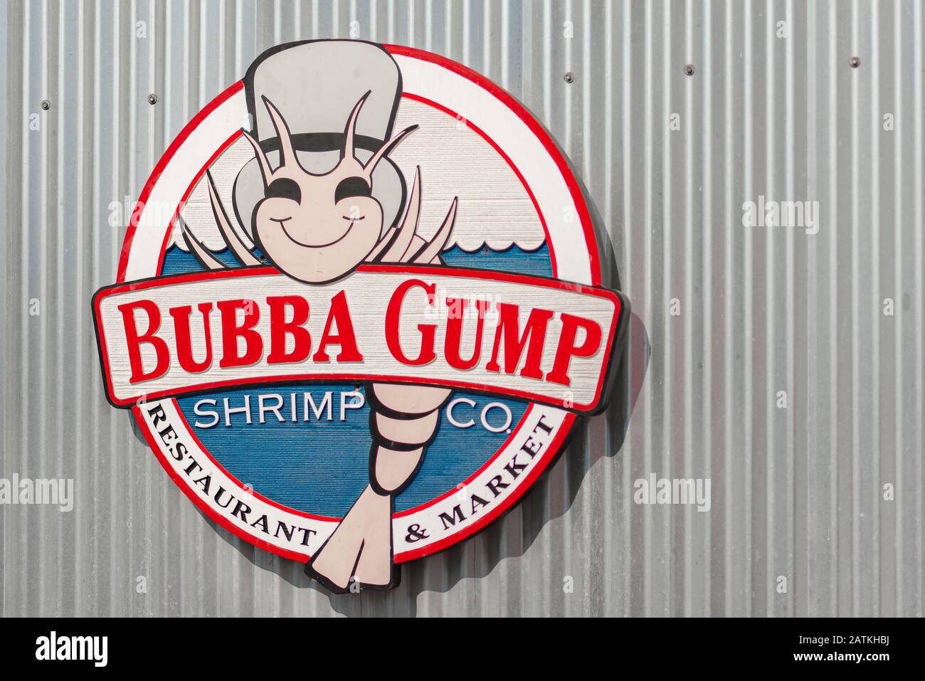 LA, USA - 30. Oktober 2018: Das Bubba Gump Shrimp Co-sign on Santa Monica Pier, LA Stockfoto