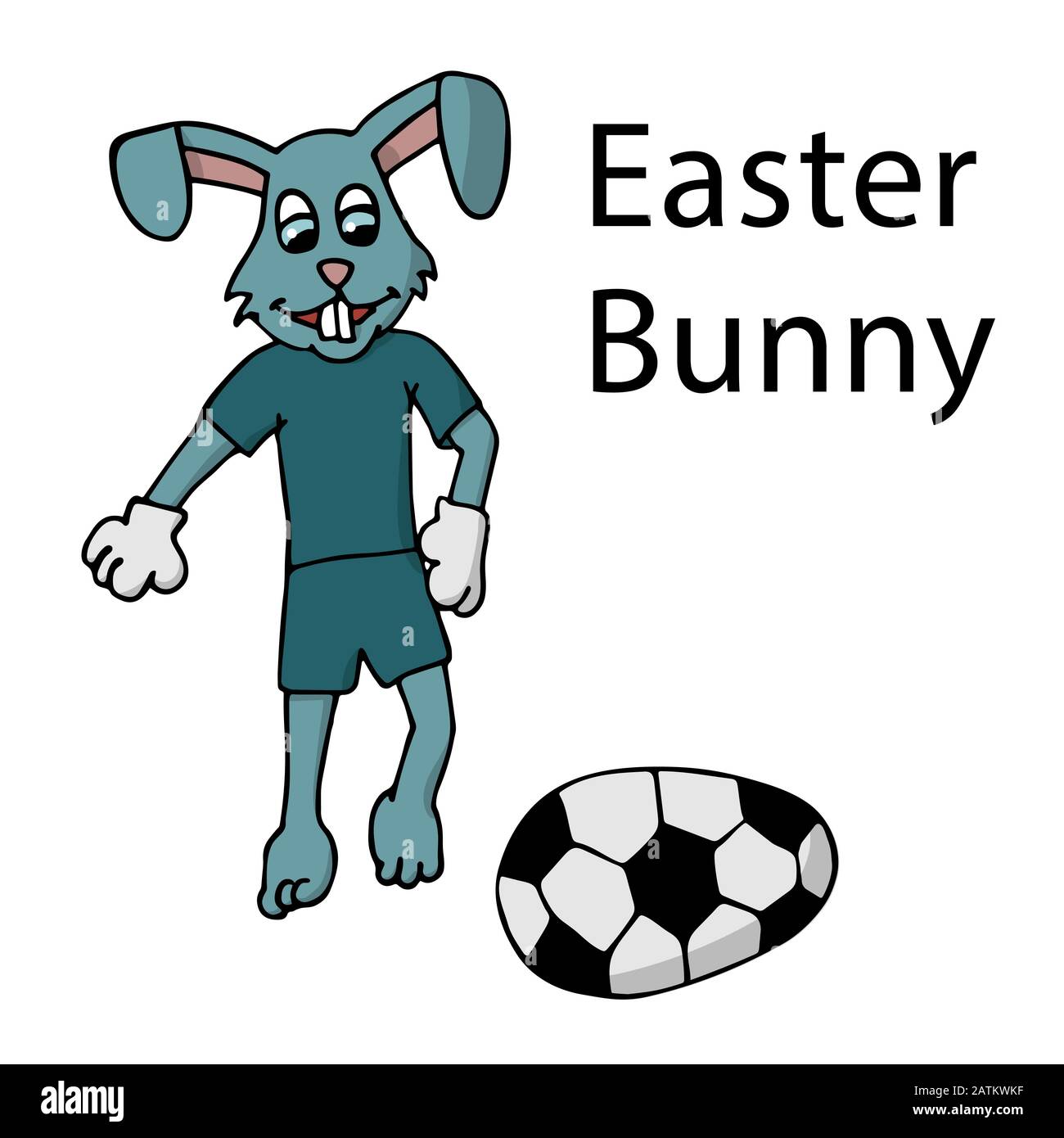 Osterhase in einem Trainingsanzug startet ein Osterei in Form eines Fußballballs, weißer Hintergrund isolierte Cartoon-Stock-Vektorgrafiken Stock Vektor