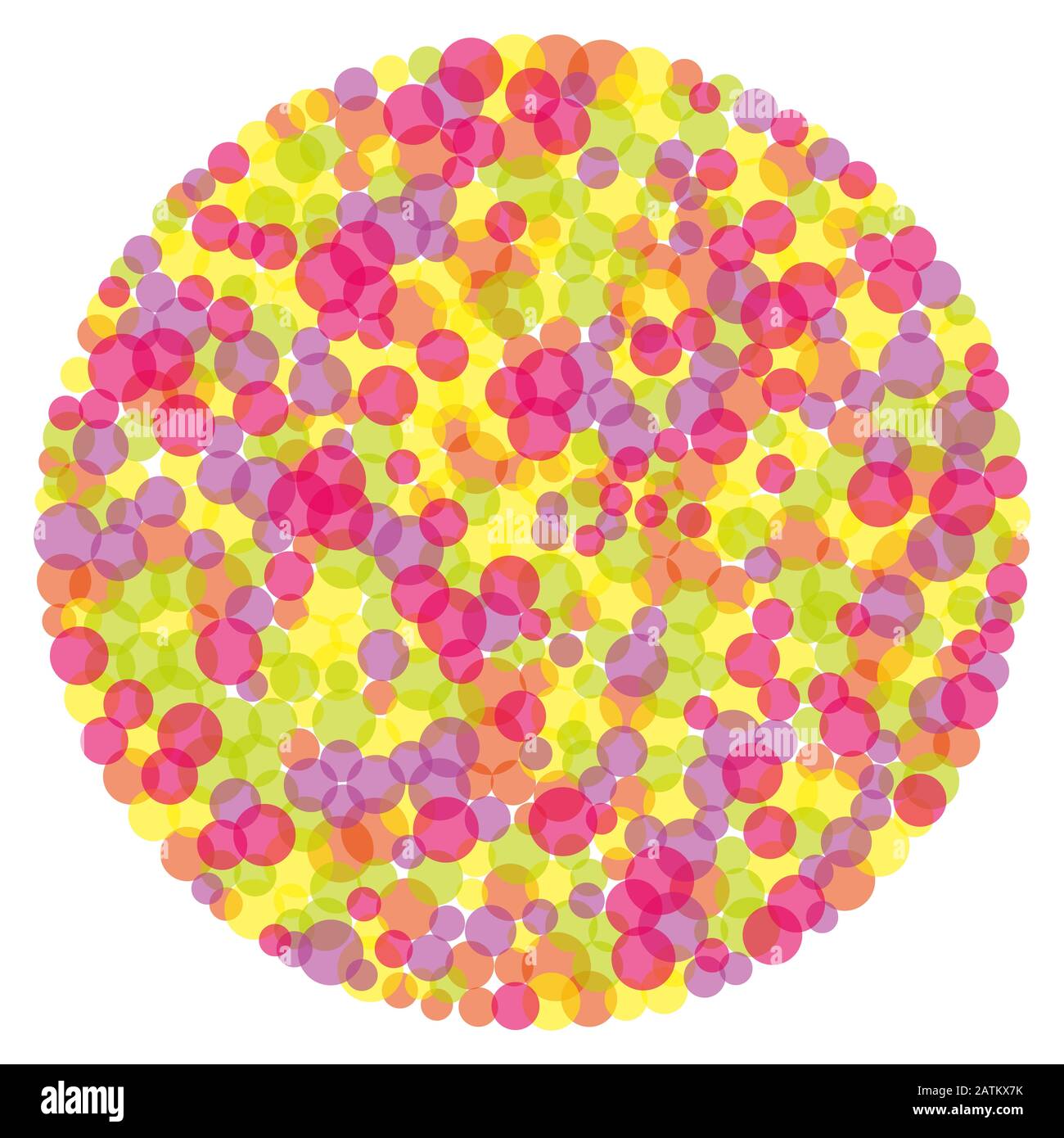 Kreisform mit bunten Kreisen. Zufällig platzierte und überlappende Punkte mit roter, gelber, grüner, violetter und rosafarbener Farbe. Stockfoto