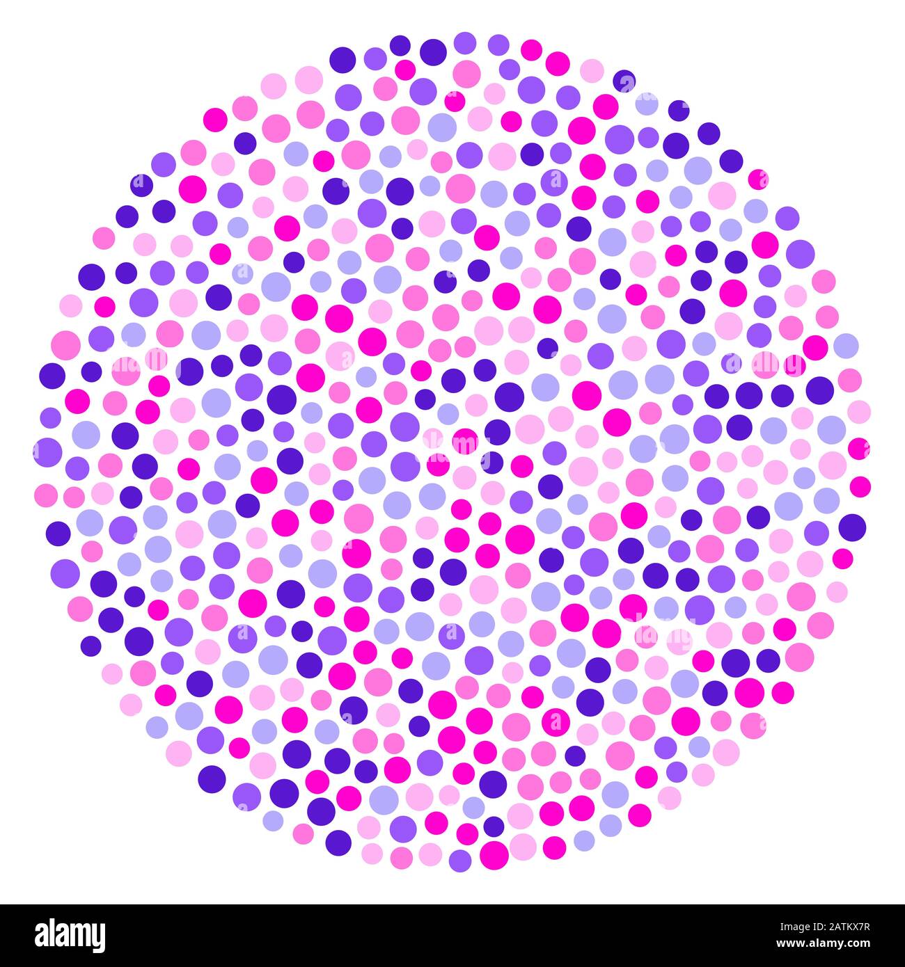 Kreisform mit pinkfarbenen und violetten Kreisen. Zufällig platzierte Punkte mit pinkfarbener und violetter Farbe, die einen kreisförmigen und gepunkteten Bereich bilden. Stockfoto