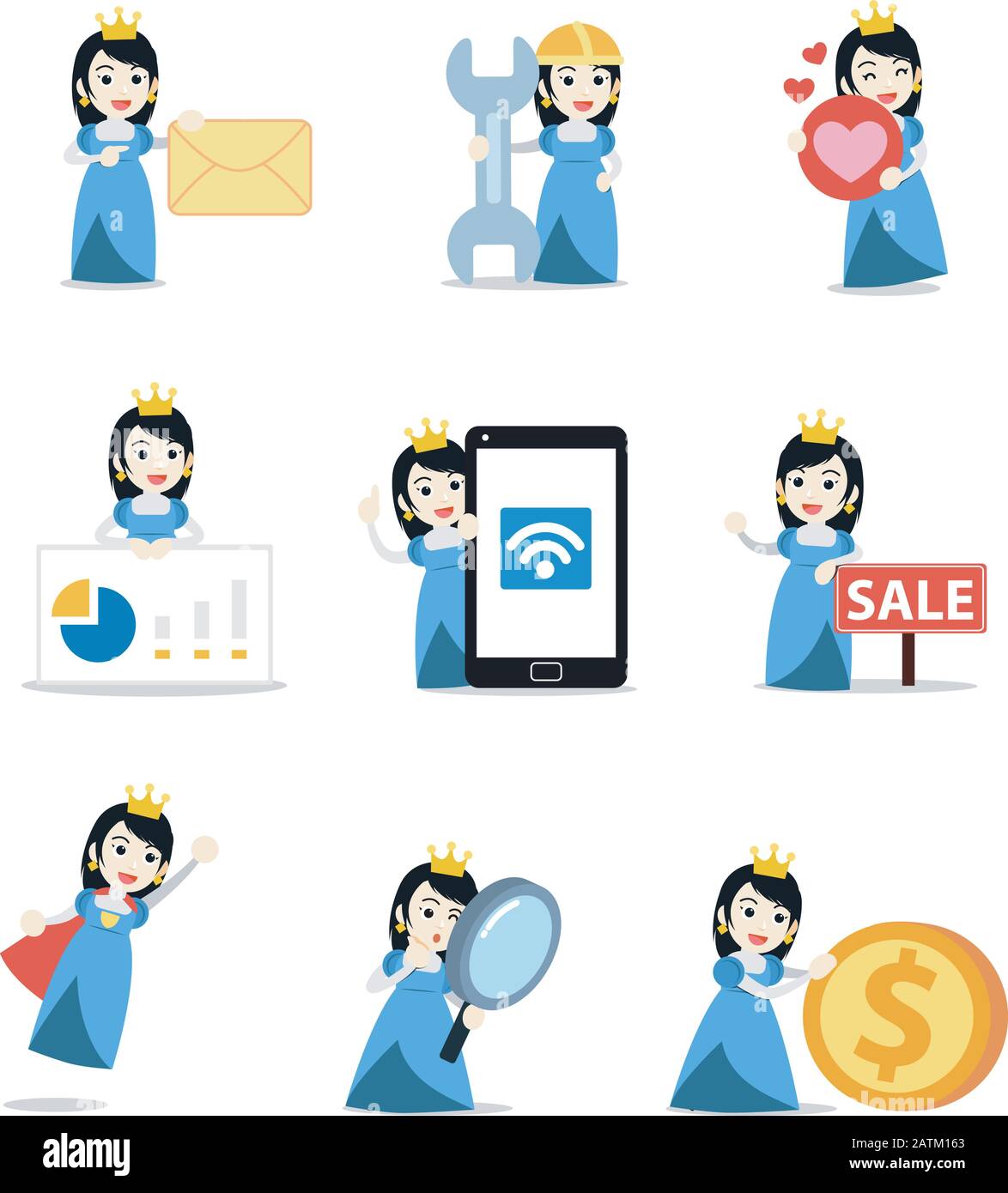 Satz von Charakter, den die Königin der Frau während der königlichen Hochzeit mit einer Tiara trug. Stock Vektor
