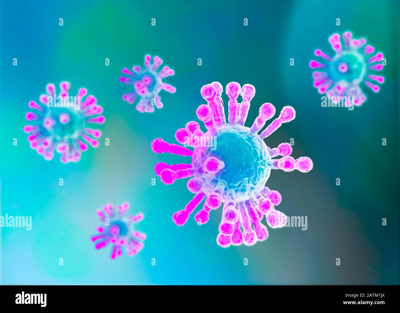 Mikroskopische Sicht auf Coronavirus, einen Erreger, der die Atemwege angreift. Ansteckung. Analyse und Test, Experimentieren. 2019-nCoV. Sars. Stockfoto