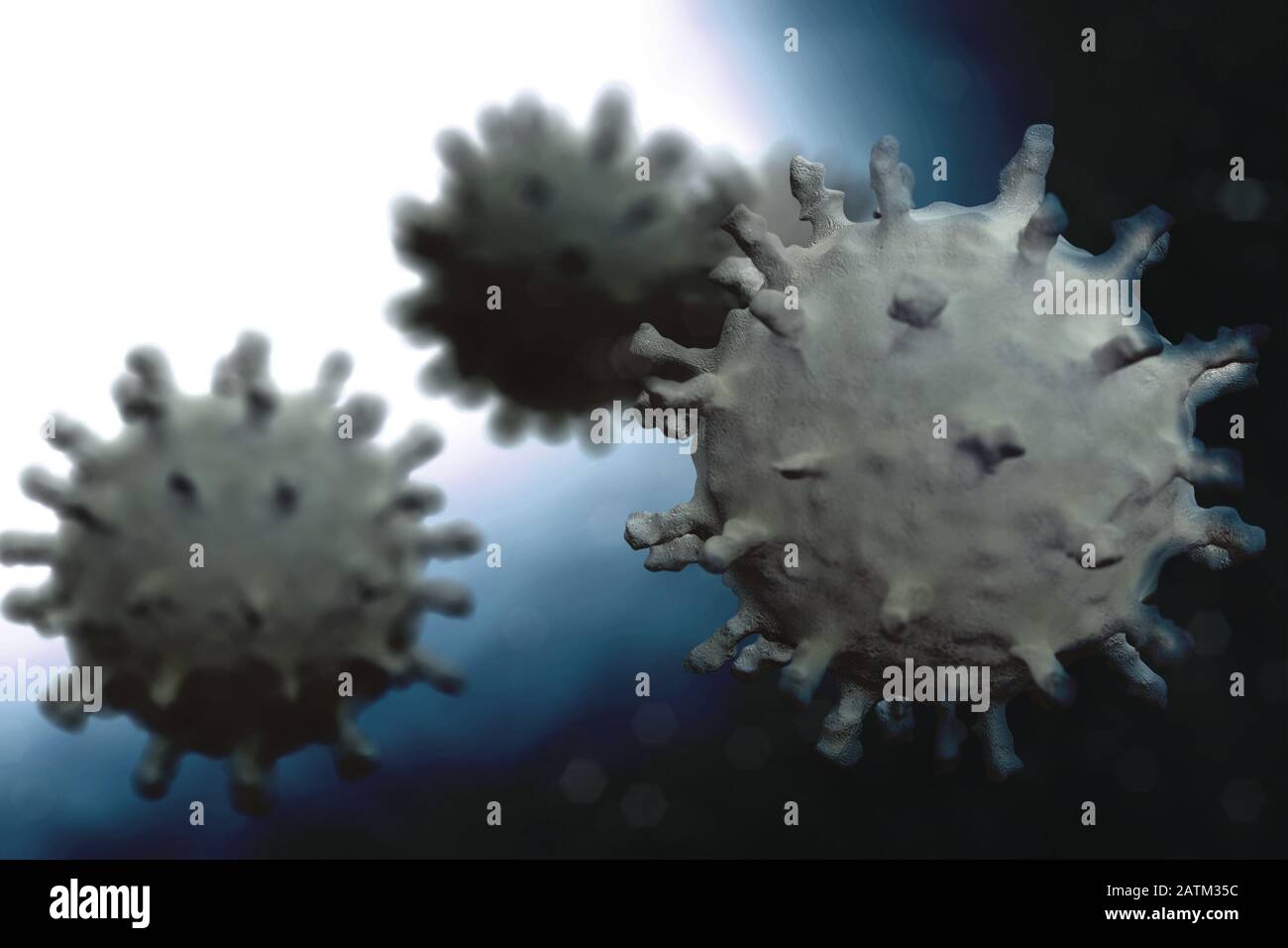 Wissenschaftliche Darstellung des Corona-Virus, 3D-Rendering auf der Grundlage mikroskopischer Bilder des Virus ab dem chinesischen Ausbruch im Jahr 2020 Stockfoto