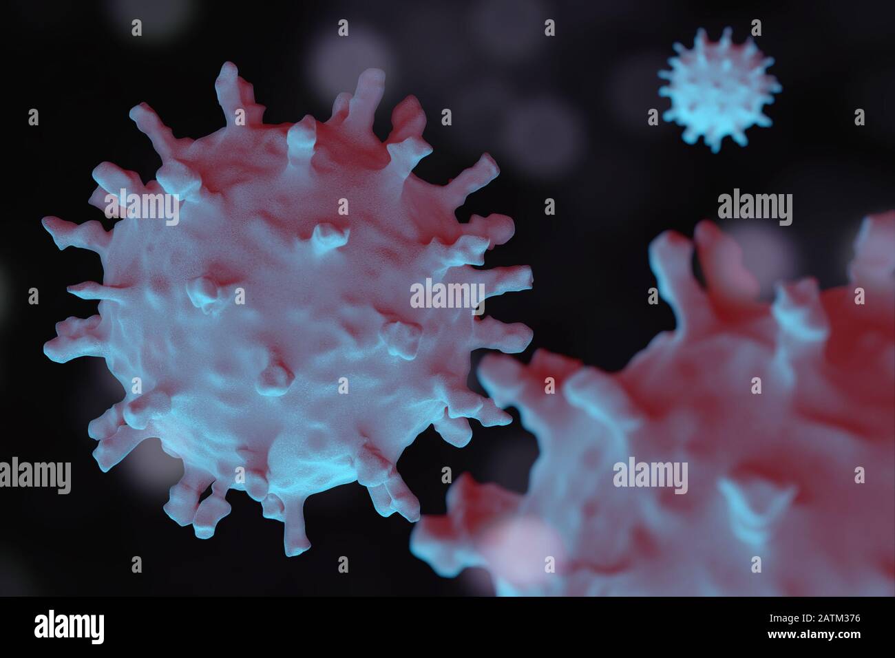 Wissenschaftliche Darstellung des Corona-Virus, 3D-Rendering auf der Grundlage mikroskopischer Bilder des Virus ab dem chinesischen Ausbruch im Jahr 2020 Stockfoto