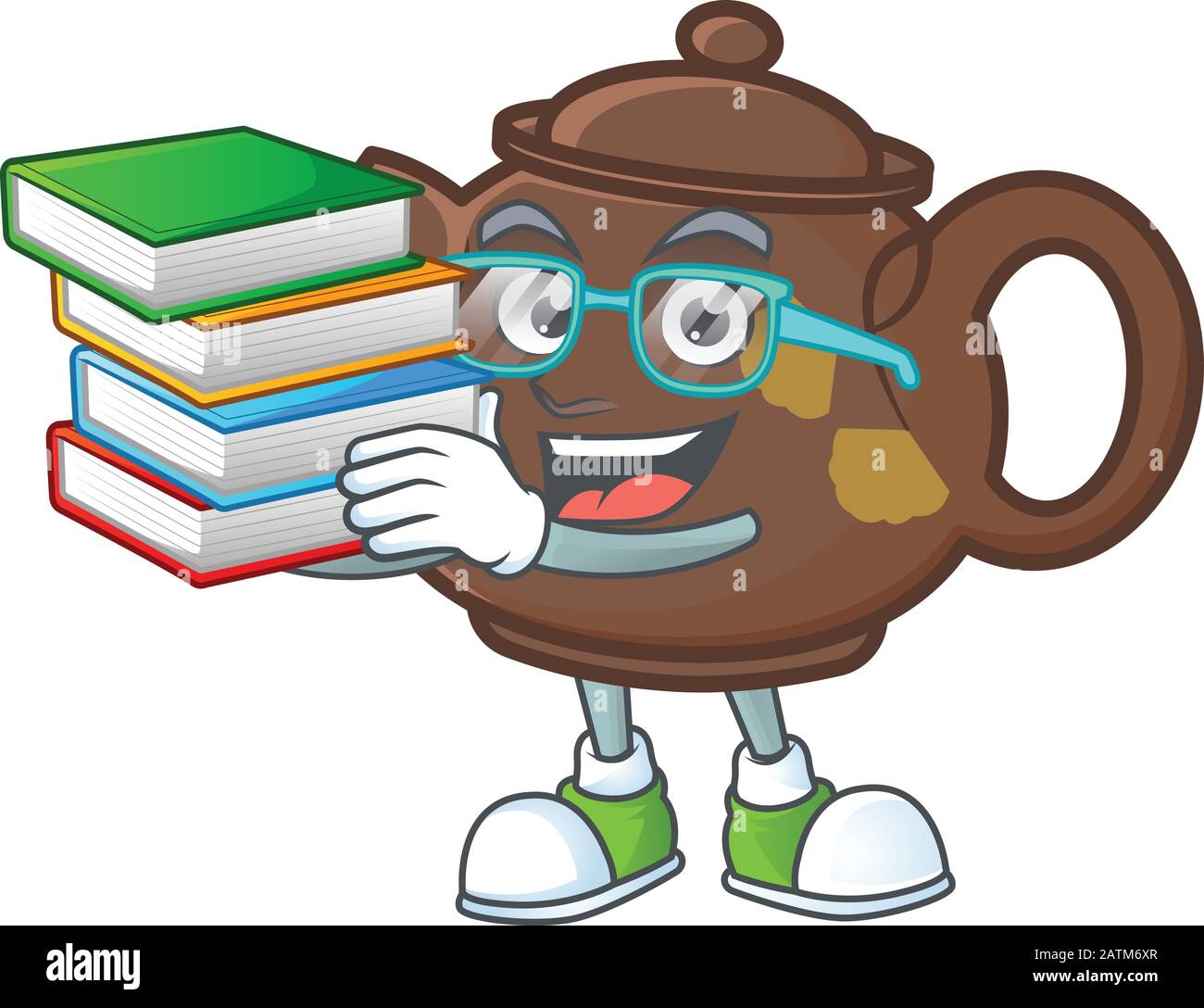 Cooler und cleverer Studenten-Teekoot-Maskottchen-Cartoon mit Buch Stock Vektor