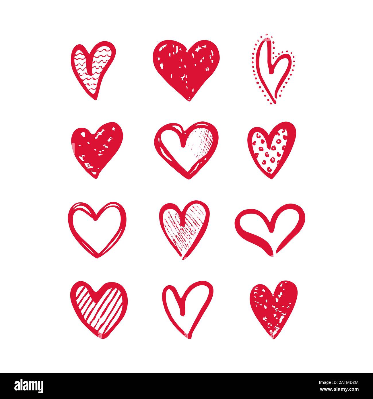 Herzen isoliert auf weißem Hintergrund. Handgezeichnete Vektorsymbole für Liebe, Hochzeit, Valentinstag oder anderes romantisches Design. Set mit 12 verschiedenen Dekora Stock Vektor
