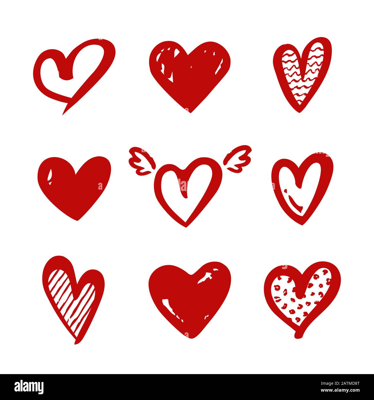 Herzformen isoliert auf weißem Hintergrund. Vektor-rote Symbole für Liebe, Hochzeit, Valentinstag oder andere romantische Designs. Satz handgezeichneter illustrer Stock Vektor