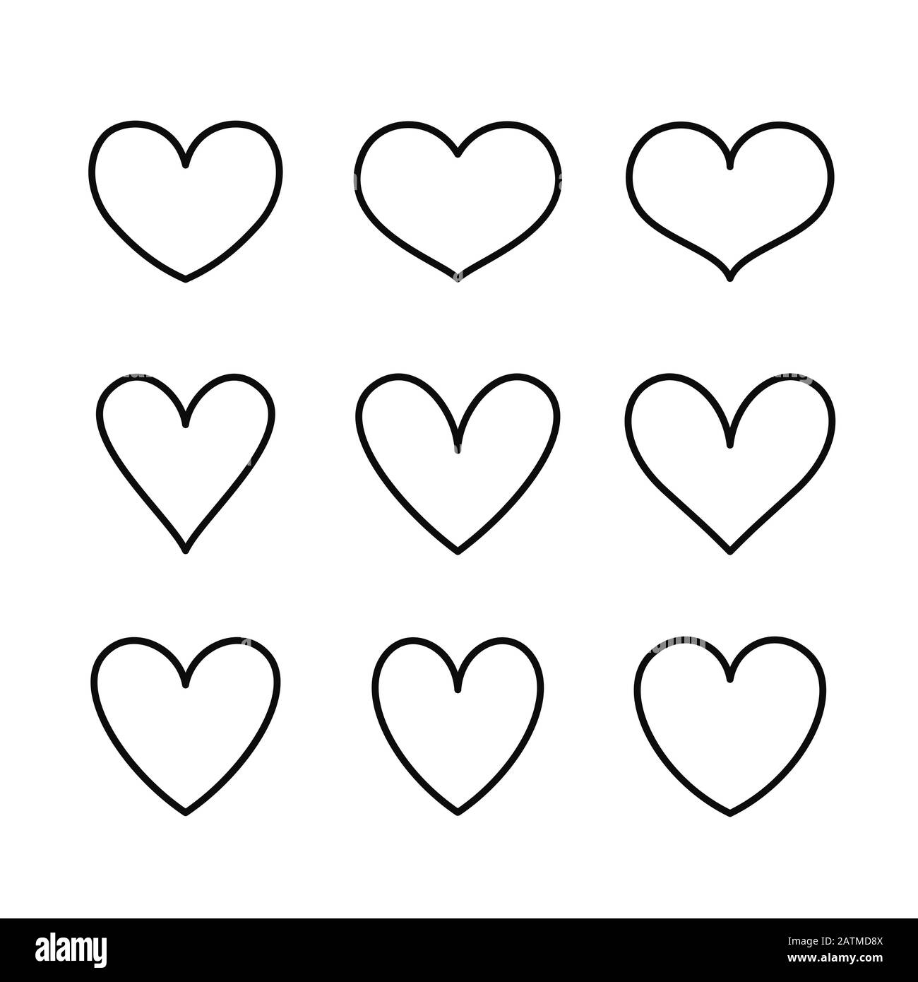 Herzzeilensymbole isoliert auf weißem Hintergrund. Vektorsymbole für Liebe, Hochzeit, Valentinstag oder anderes romantisches Design. Satz mit 9 verschiedenen Stock Vektor