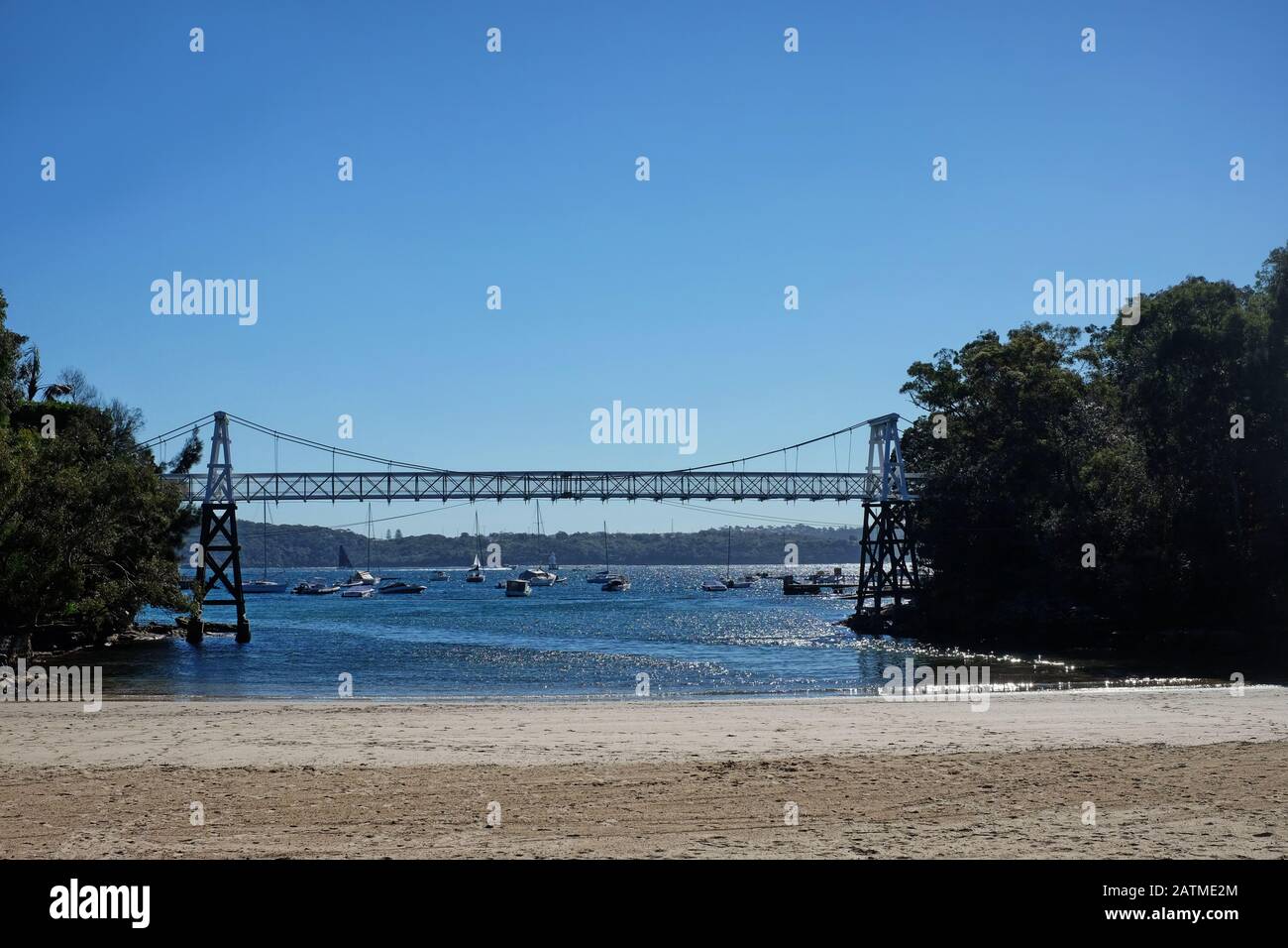 Petersily Bay Reserve und Hängebrücke am familienfreundlichen Sydney Harbour Inlet and Beach, einem natürlichen Pool mit Flachwasser und Haifischnetzen. Stockfoto