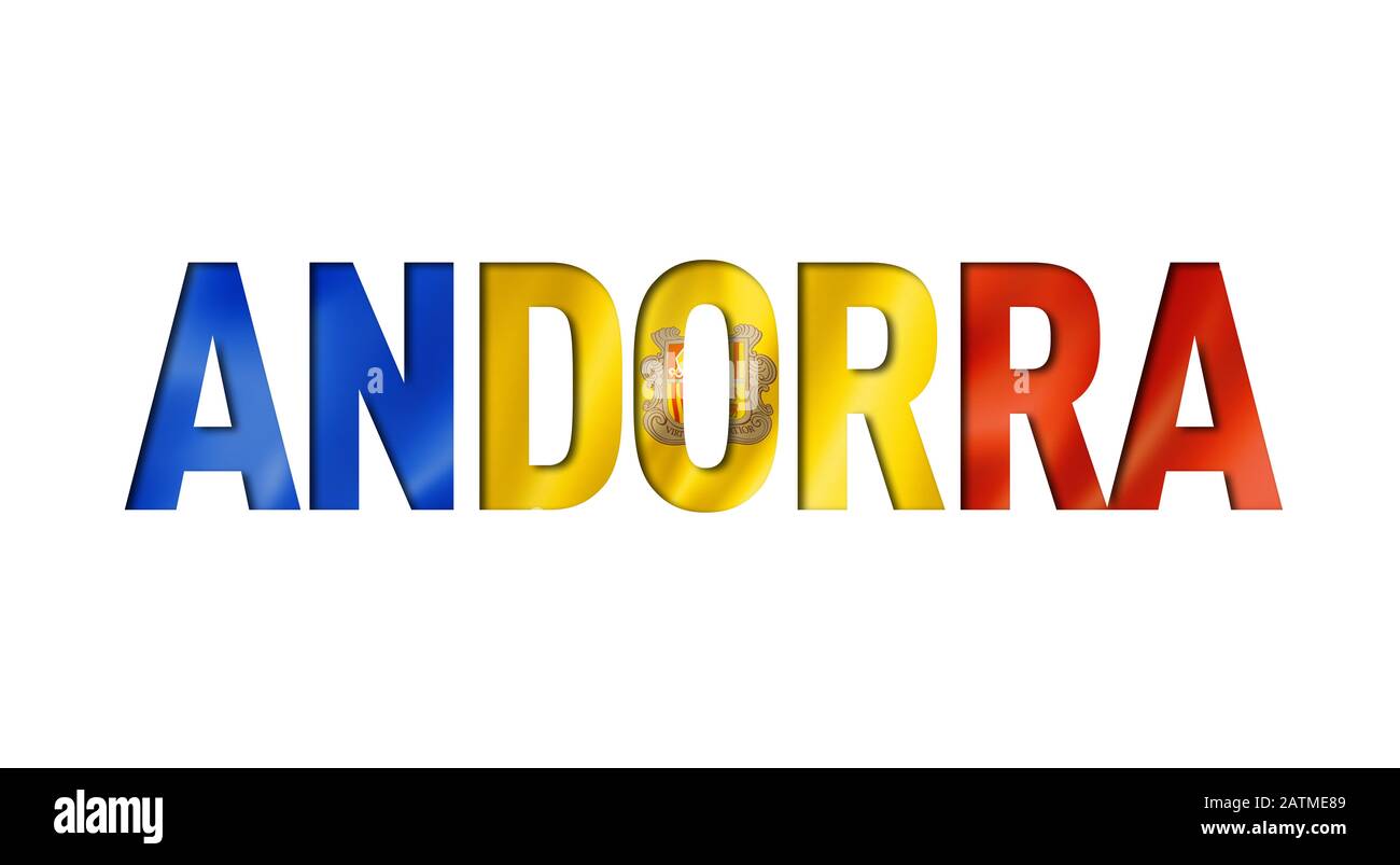 Andorranische Schriftart für Flaggentext. Hintergrund des Andorra-Symbols Stockfoto