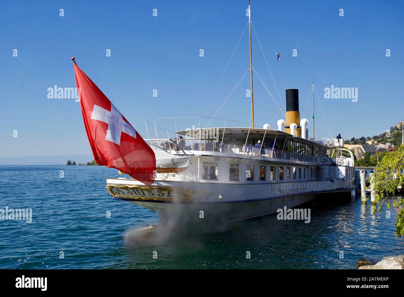 Dampfer "La Suisse", Genfersee, Montreux, Kanton Waadt, Schweiz. Stockfoto