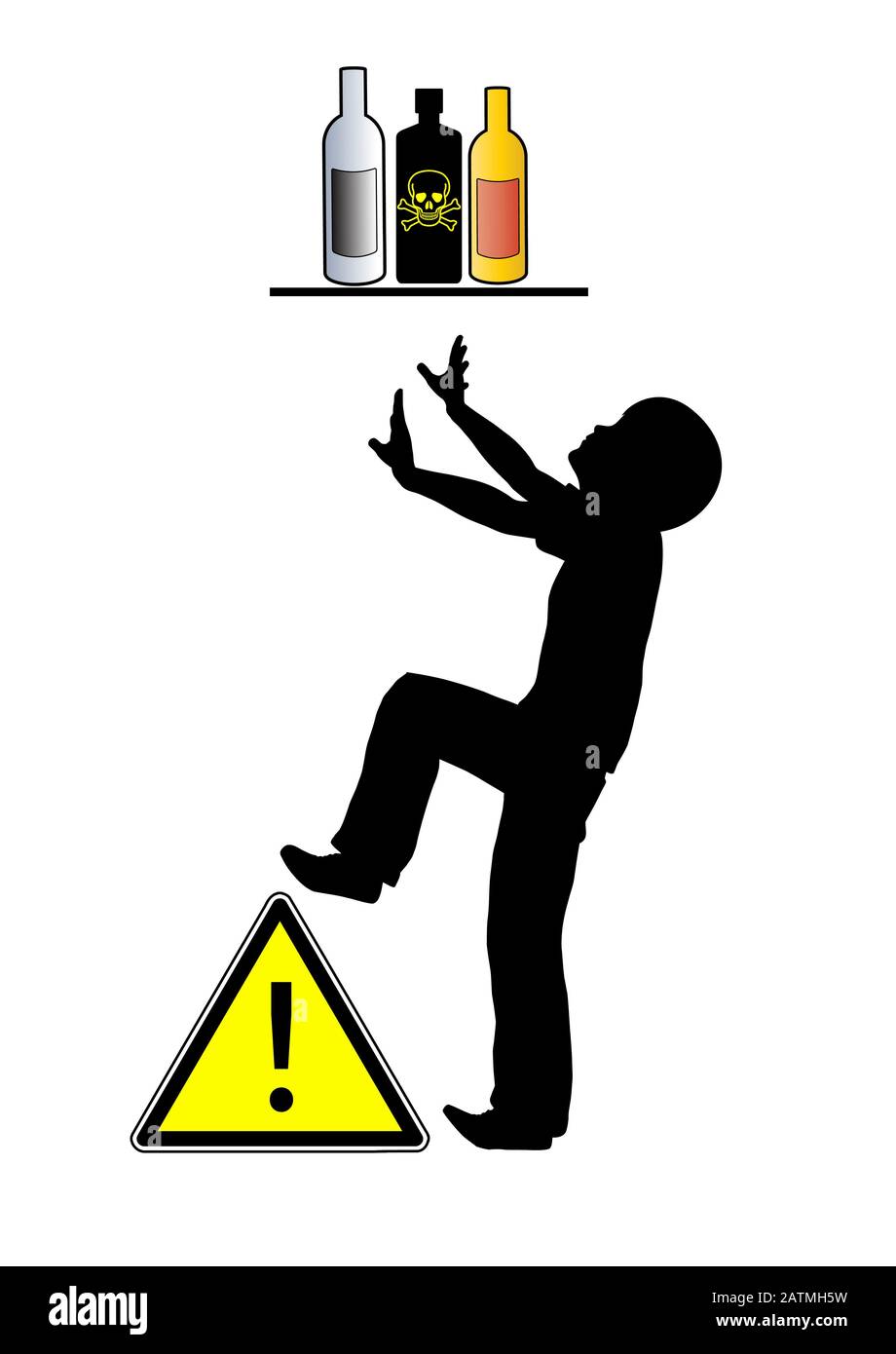 Achtung, das Kind versucht, eine lebensbedrohliche Flasche auf dem Regal zu erreichen. Stockfoto