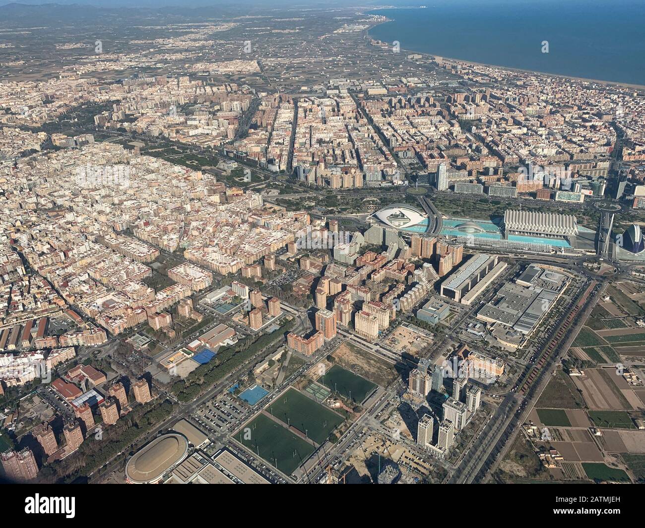Valencia Stadt und Stadt der Künste und Wissenschaften aus der Luft, Valencia, Spanien, Europa Stockfoto