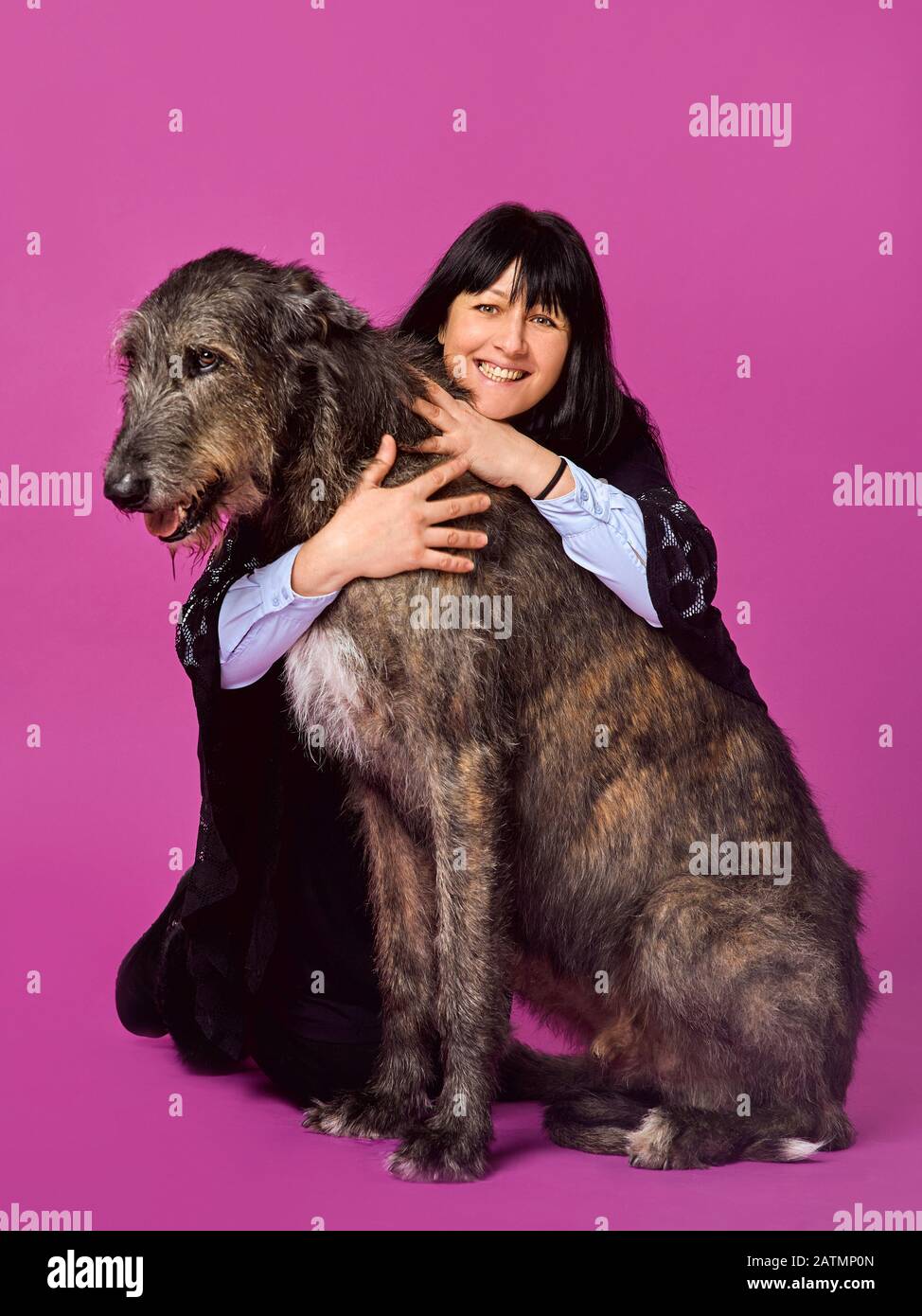 Lächelnde fröhliche brünette Frau mit grauen irischen Wolfhounds auf fuchsienfarbenem Hintergrund im Fotostudio. Freundschaft, Liebe, Haustierkonzept. Stockfoto