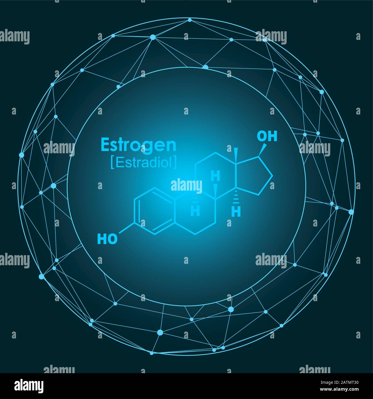 Chemisches Molekularformelhormon Östrogen. Infografiken. Verbundene Linien mit Punktrahmen Stock Vektor