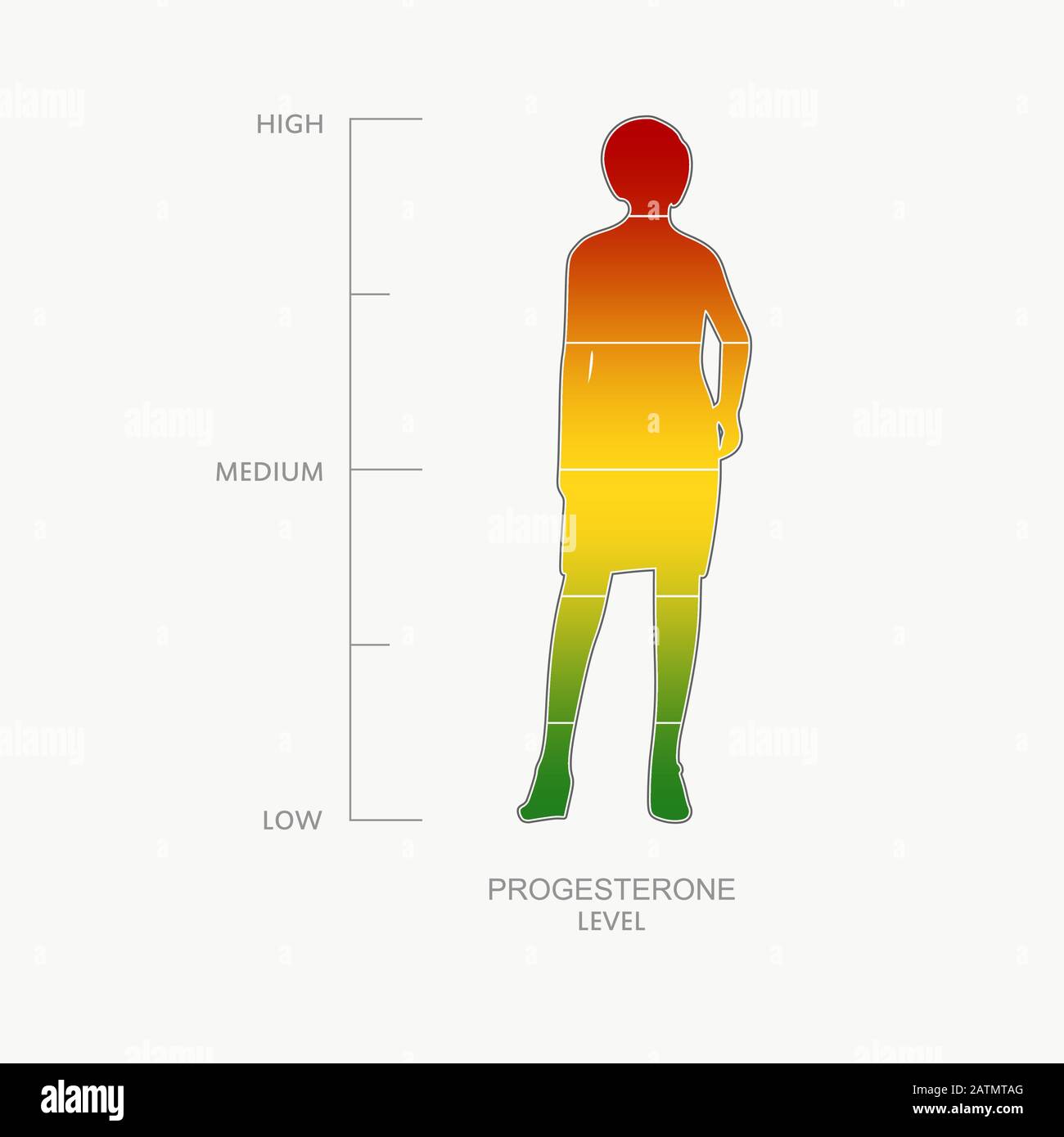 Progesteron-Pegelmessskala. Abbildung des Konzepts des Gesundheitswesens. Silhouette der Frau. Von der roten bis zur grünen Skala. Stock Vektor