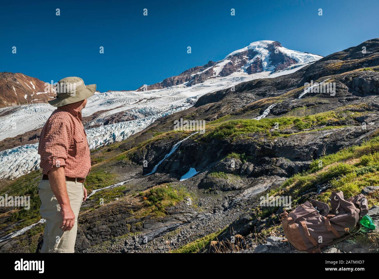 Wanderer mit Blick auf den Vulkan Mount Baker, über den Roosevelt- und Coleman-Gletscher, North Cascades, von Heliotrope Ridge, Mt Baker Wilderness, Washington, USA Stockfoto