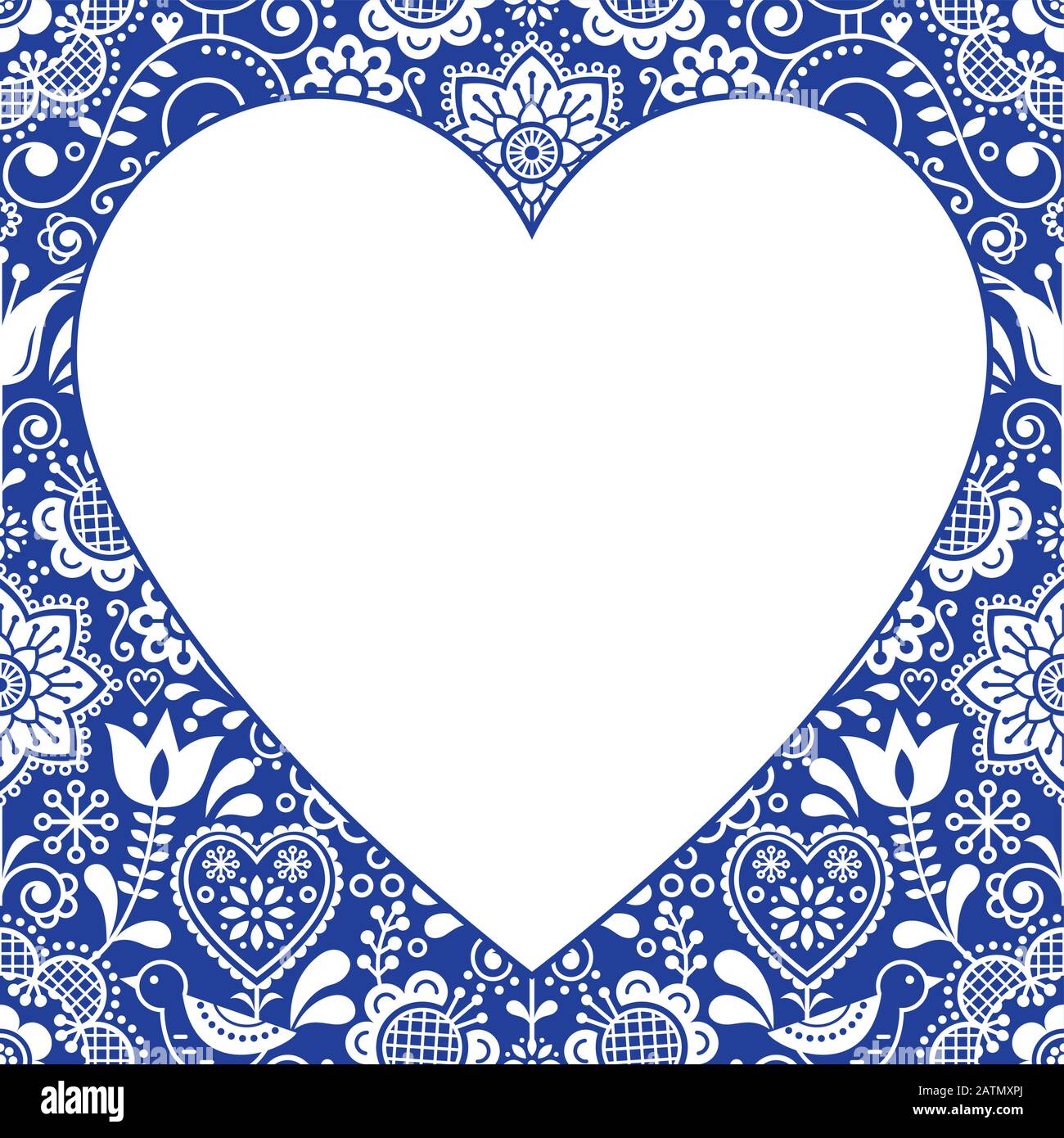 Valentinstag Grußkarte, Folk Heart Vector Design, skandinavischer Blumenhintergrund in weiß und marineblau Stock Vektor