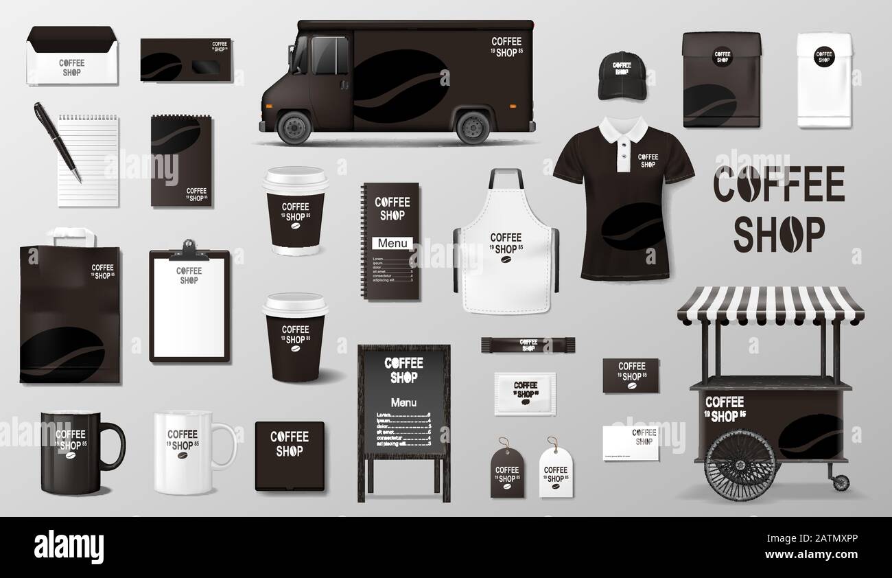 Branding-Set für Café-Bar und Café. Realistisches Design der Corporate Identity von Kaffee. Vektorgrafiken Stock Vektor