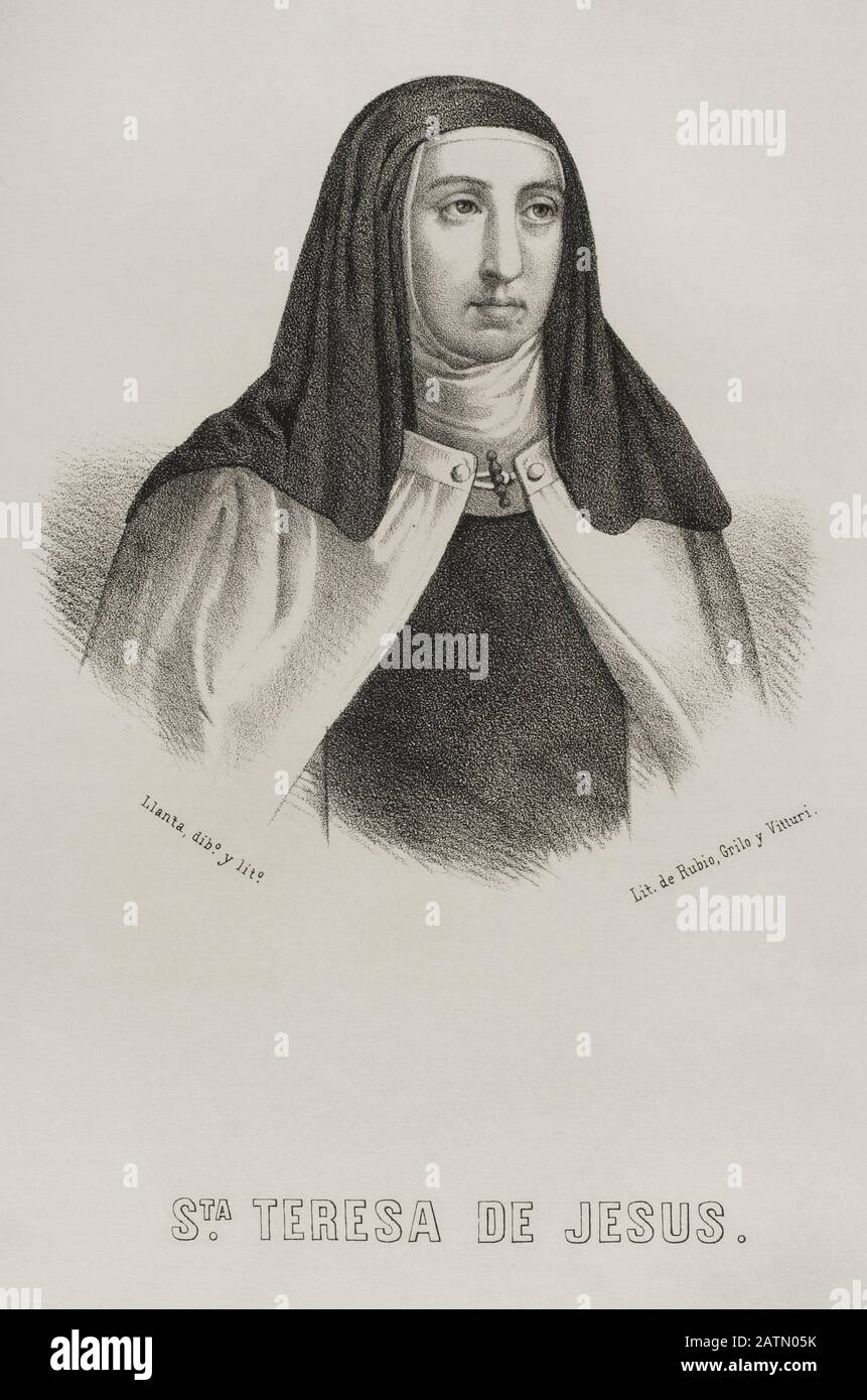 Santa Teresa de Jesús (1515-1582). Reformadora religiosa de la orden carmelitana. Dibujo por Llanta. Litografía. Crónica General de España, Historia Ilustrada y Descriptiva de sus Provincias. Castilla-La Vieja, 1870. Histórico Cataluña Militar de Barcelona, España,  . Stockfoto