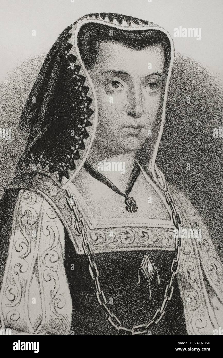 Juana i la Loca (1479-1555). Reina de Castilla (1504-1555), hija de los Reyes Católicos. Contrajo matrimonio con Felipe el Hermoso en 1496. Mostró claras evidencias de enajenación mental. Dibujo por Llanta. Detalle. Litografía. Crónica General de España, Historia Ilustrada y Descriptiva de sus Provincias. Castilla-La Vieja, 1870. Histórico Cataluña Militar de Barcelona, España,  . Stockfoto
