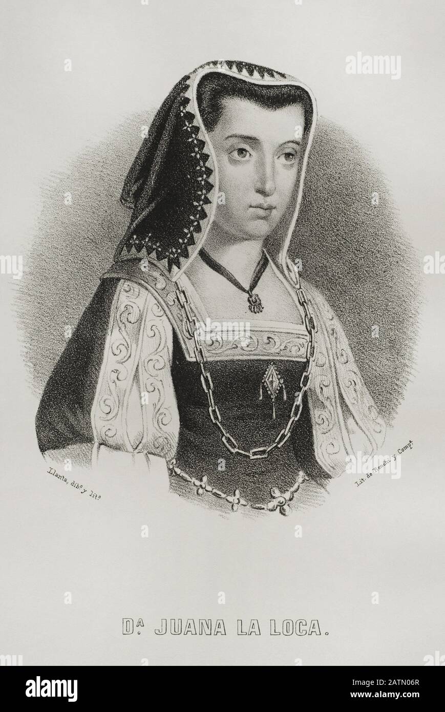 Juana i la Loca (1479-1555). Reina de Castilla (1504-1555), hija de los Reyes Católicos. Contrajo matrimonio con Felipe el Hermoso en 1496. Mostró claras evidencias de enajenación mental. Dibujo por Llanta. Litografía. Crónica General de España, Historia Ilustrada y Descriptiva de sus Provincias. Castilla-La Vieja, 1870. Histórico Cataluña Militar de Barcelona, España,  . Stockfoto