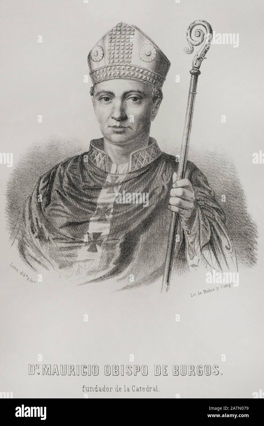 Don Mauricio (? -1238). Jurista y eclesiástico, obispo de Burgos desde 1213 hasta su muerte, fundador de su catedral. Dibujo por Letre. Litografía. Crónica General de España, Historia Ilustrada y Descriptiva de sus Provincias. Castilla-La Vieja, 1870. Histórico Cataluña Militar de Barcelona, España,  . Stockfoto