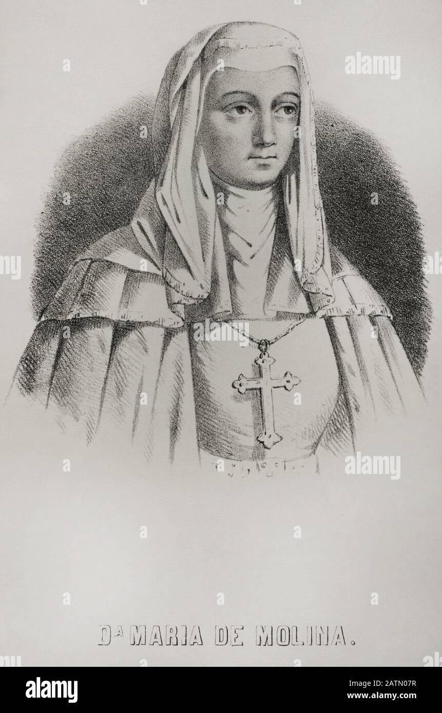 María Alfonso de Meneses (1264-1321). Conocida como María de Molina, señora de Molina, hija del infante Alfonso de Molina. Reina consorte de Castilla entre 1284 y 1295 por su matrimonio con Sancho IV. De Castilla. Madre del futuro Fernando IV. De Castilla. Litografía. Crónica General de España, Historia Ilustrada y Descriptiva de sus Provincias. Castilla-La Vieja, 1870. Histórico Cataluña Militar de Barcelona, España,  . Stockfoto