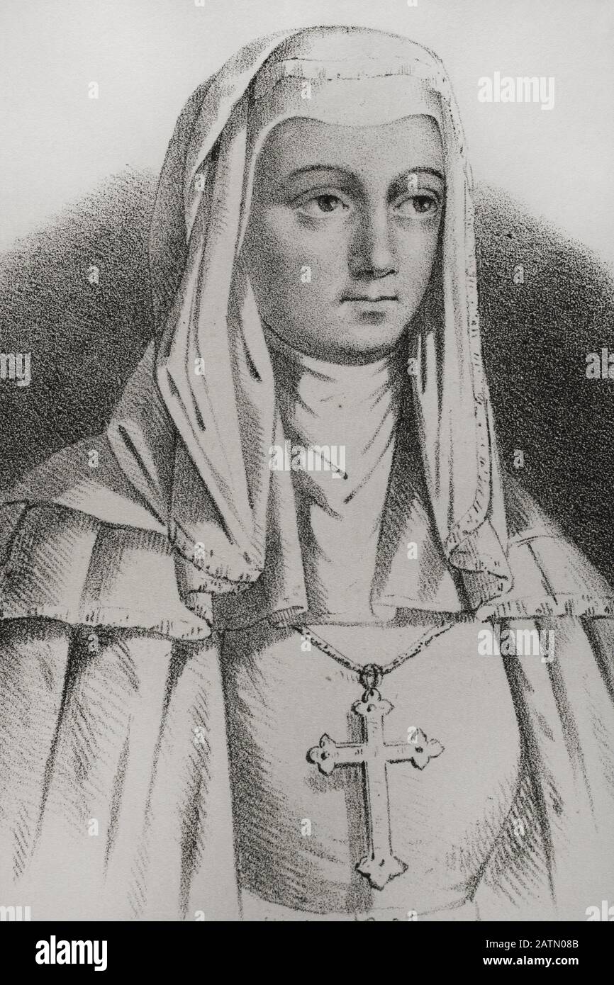 María Alfonso de Meneses (1264-1321). Conocida como María de Molina, señora de Molina, hija del infante Alfonso de Molina. Reina consorte de Castilla entre 1284 y 1295 por su matrimonio con Sancho IV. De Castilla. Madre del futuro Fernando IV. De Castilla. Litografía. Detalle. Crónica General de España, Historia Ilustrada y Descriptiva de sus Provincias. Castilla-La Vieja, 1870. Histórico Cataluña Militar de Barcelona, España,  . Stockfoto
