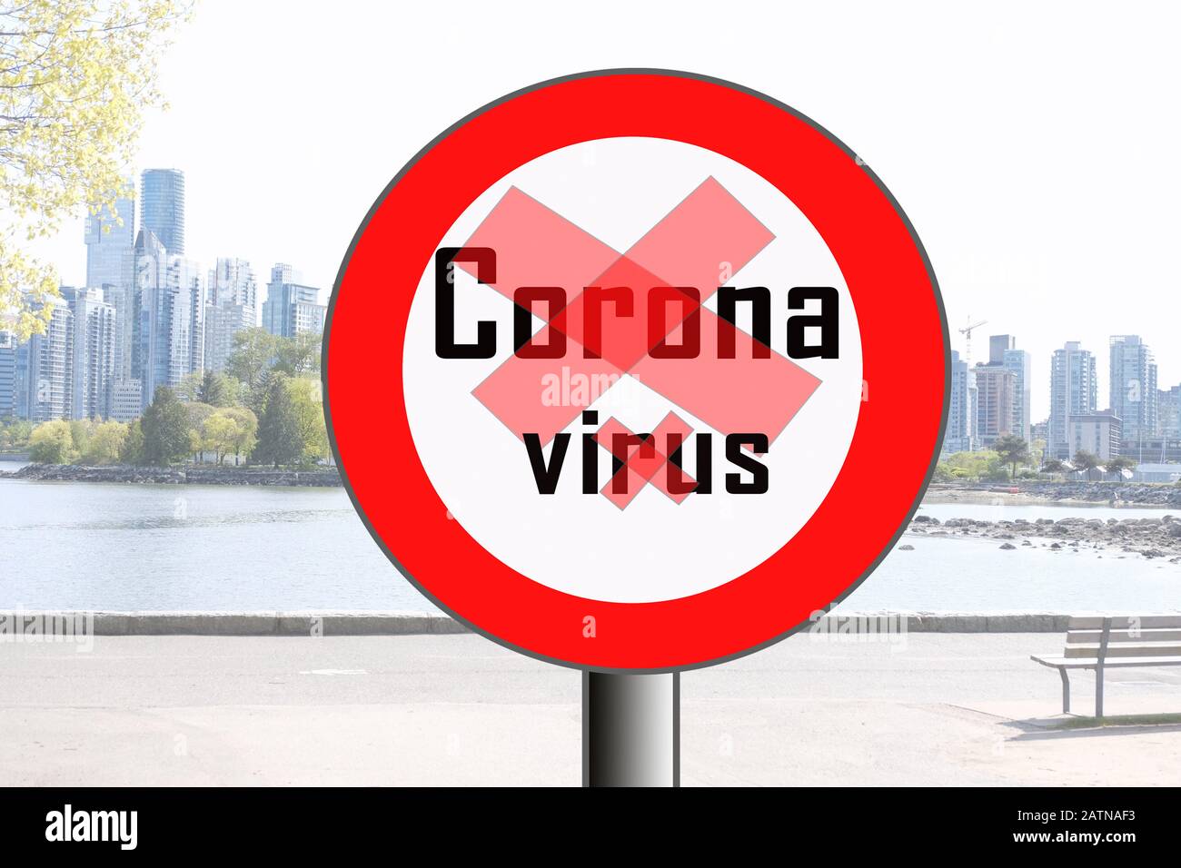 Weiches Bild der Skyline von Vancouver, mit Stoppschild, das eine Warnung vor Coronavirus anzeigt - Quarantäne-Infektionskrankheit-Konzept Stockfoto