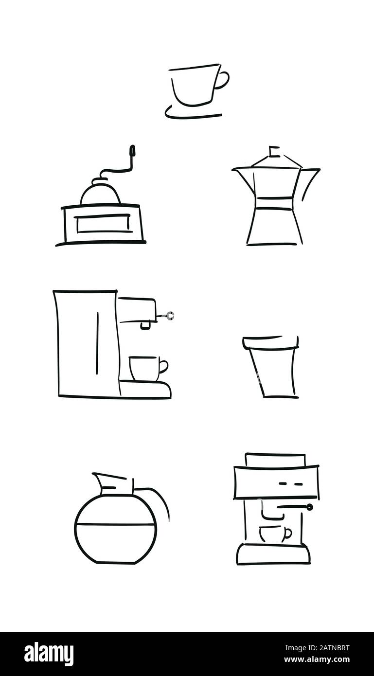 Auf weißem Hintergrund isolierte Kaffee-Vektor-Symbole Stockfoto