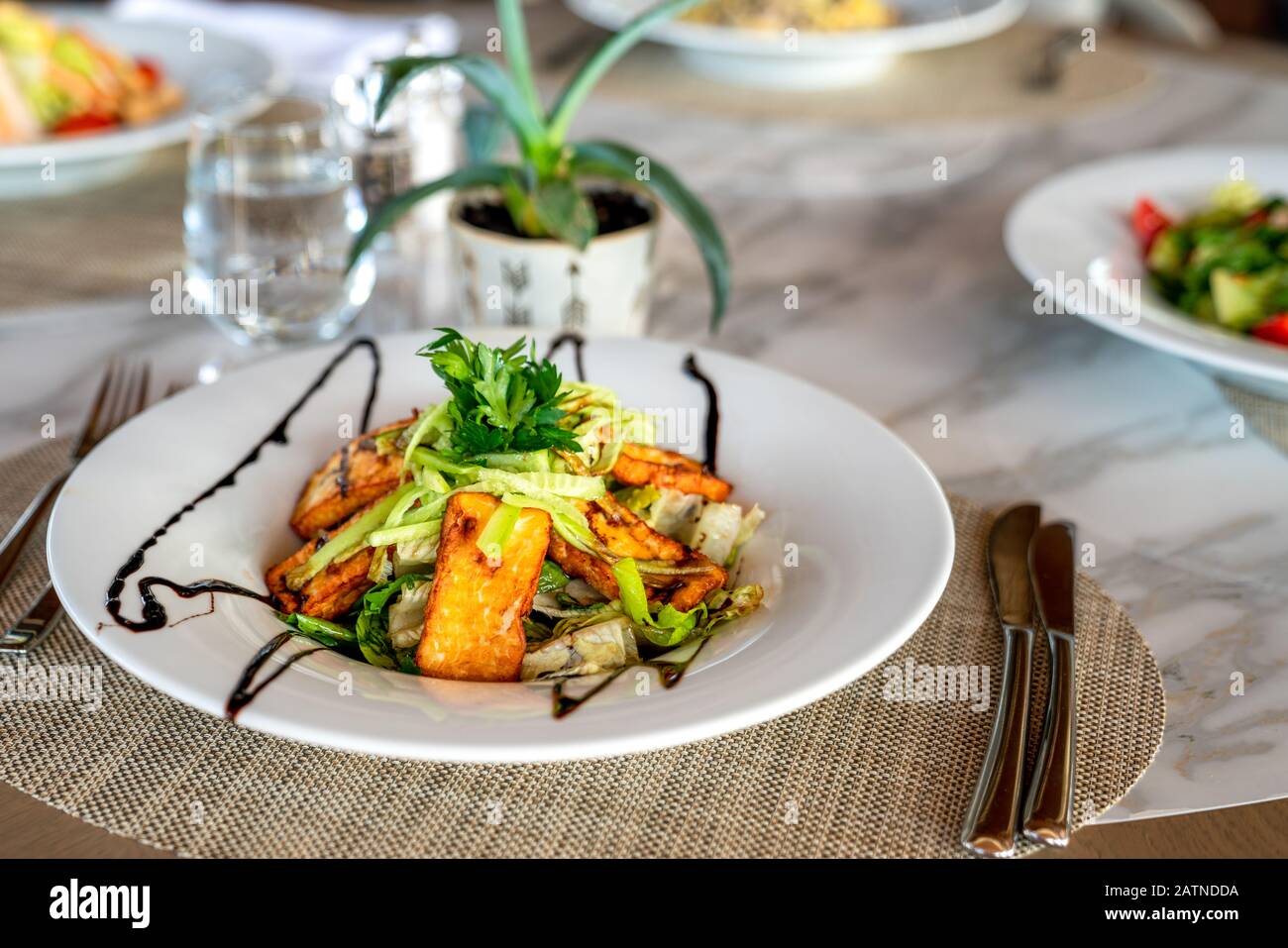 Ein köstlicher gegrillter oder gerösteter Hellumi-Käse-Salat wird in einem eleganten Restaurant oder Hotel serviert Stockfoto